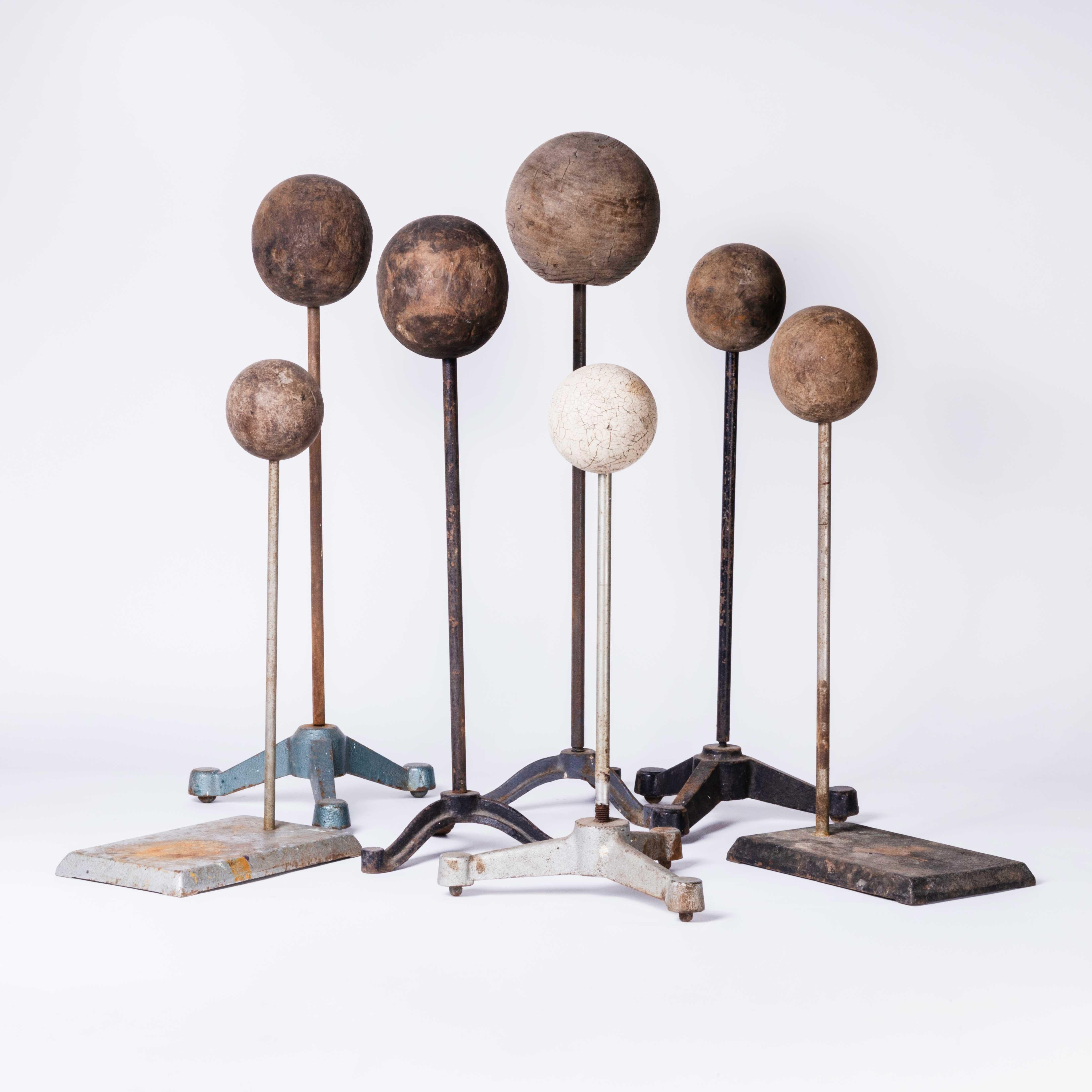 Set of Wooden vintage juggling balls
Set of Wooden vintage juggling balls. The juggling balls have recently been mounted on old laboratory stands to create a decorative collection.

WORKSHOP REPORT
Our workshop team inspect every product and