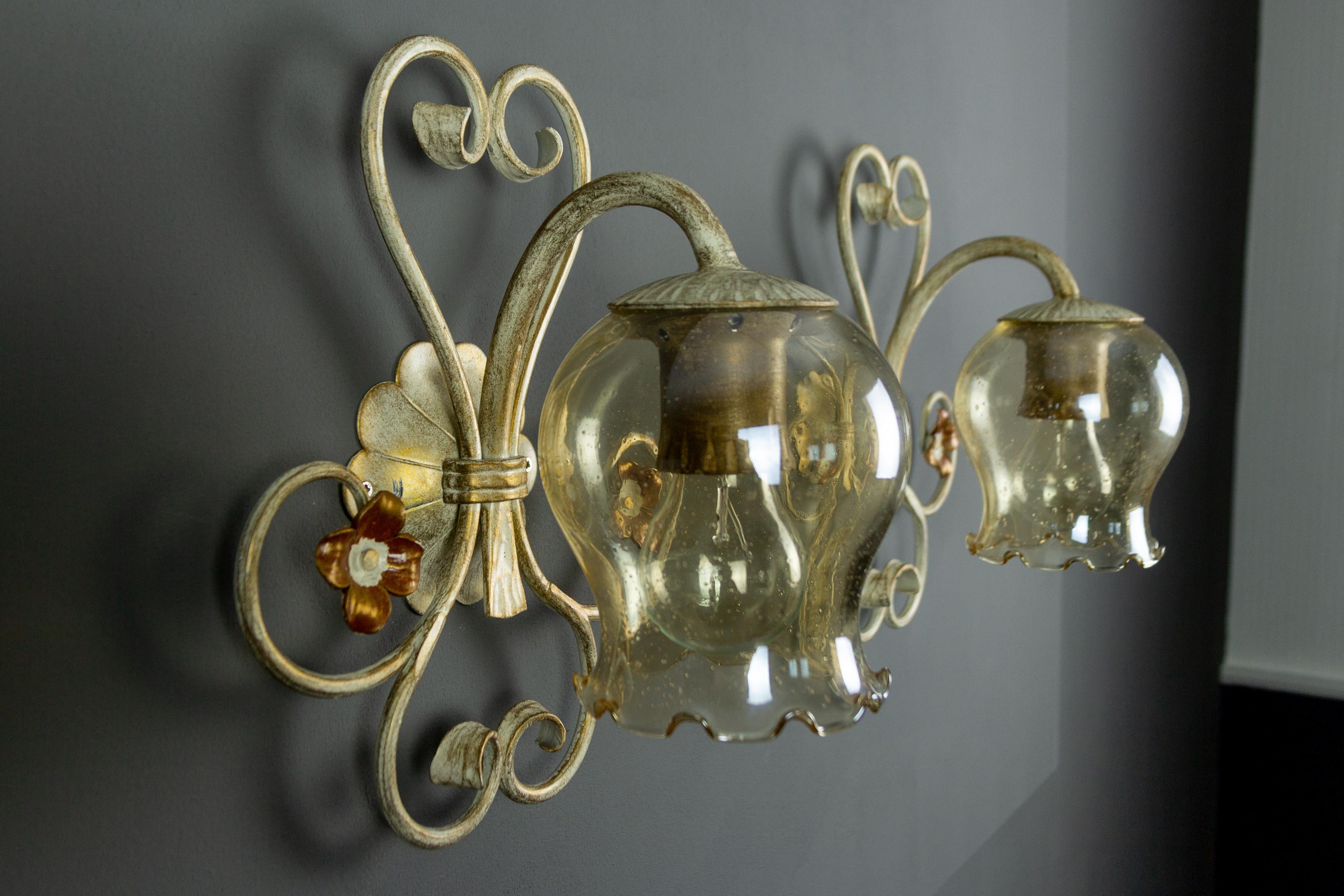 Set of Wrought Iron and Glass One Pendant Light and Two Sconces, Germany, 1960s For Sale 3