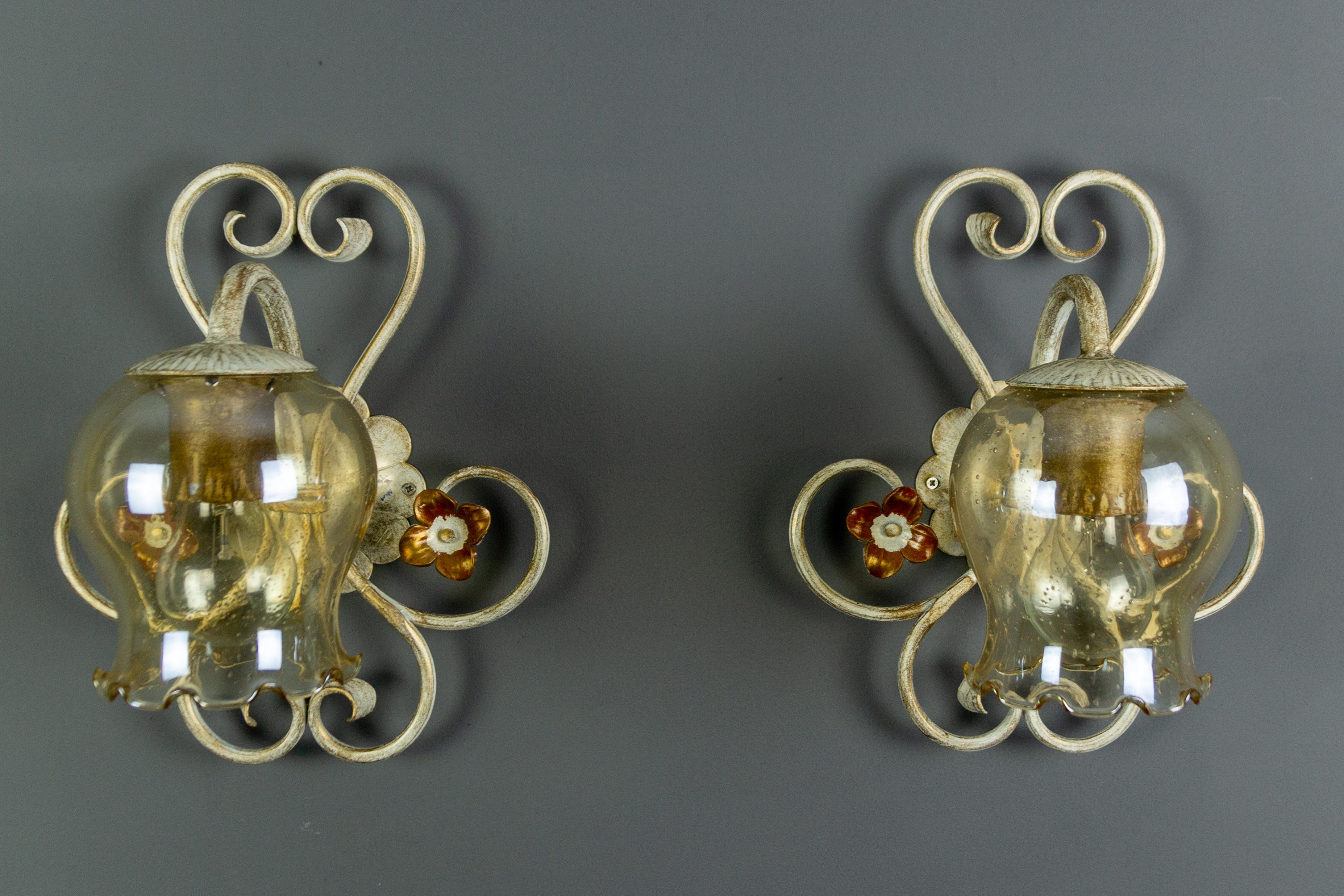 Set of Wrought Iron and Glass One Pendant Light and Two Sconces, Germany, 1960s For Sale 4