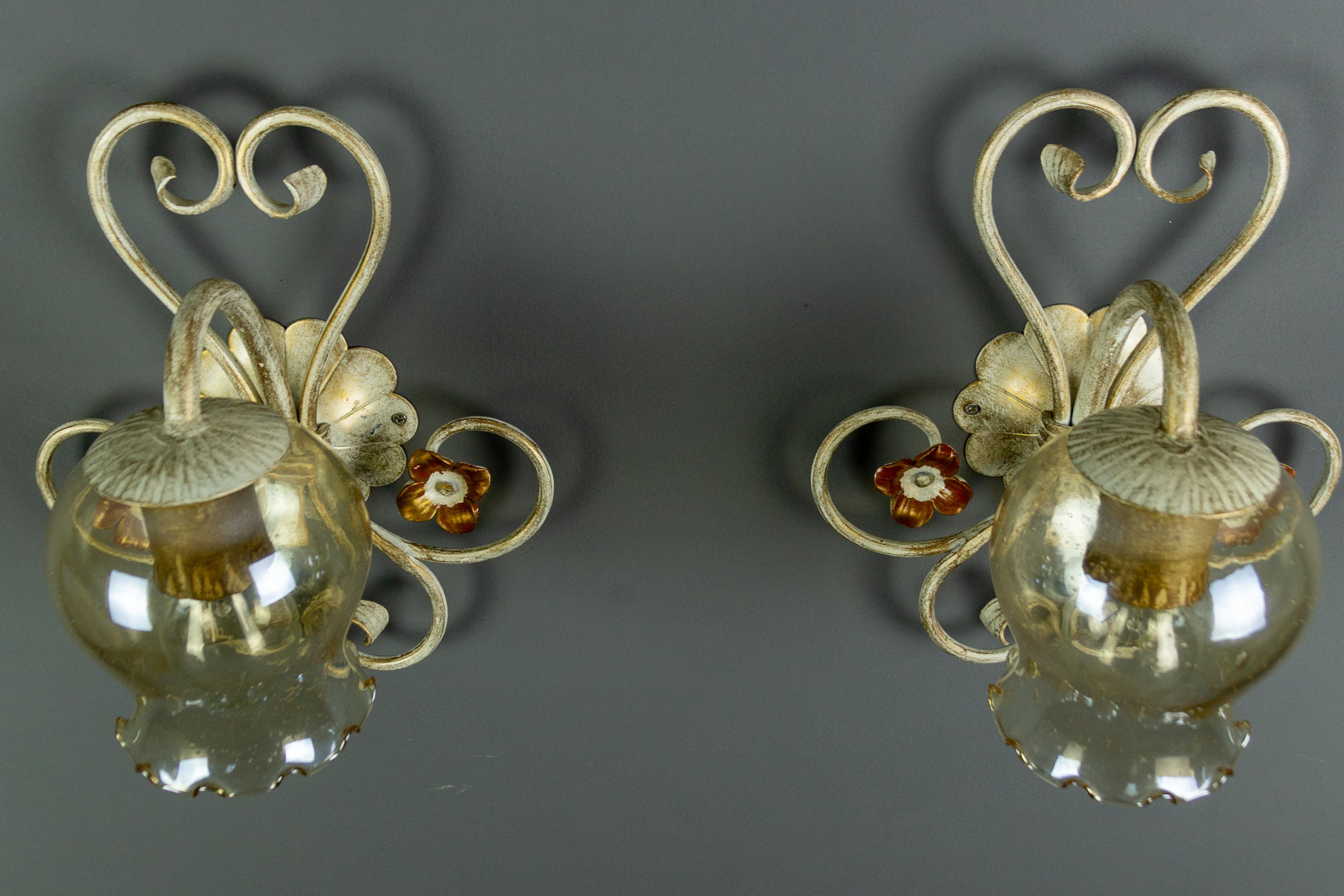 Set of Wrought Iron and Glass One Pendant Light and Two Sconces, Germany, 1960s For Sale 5