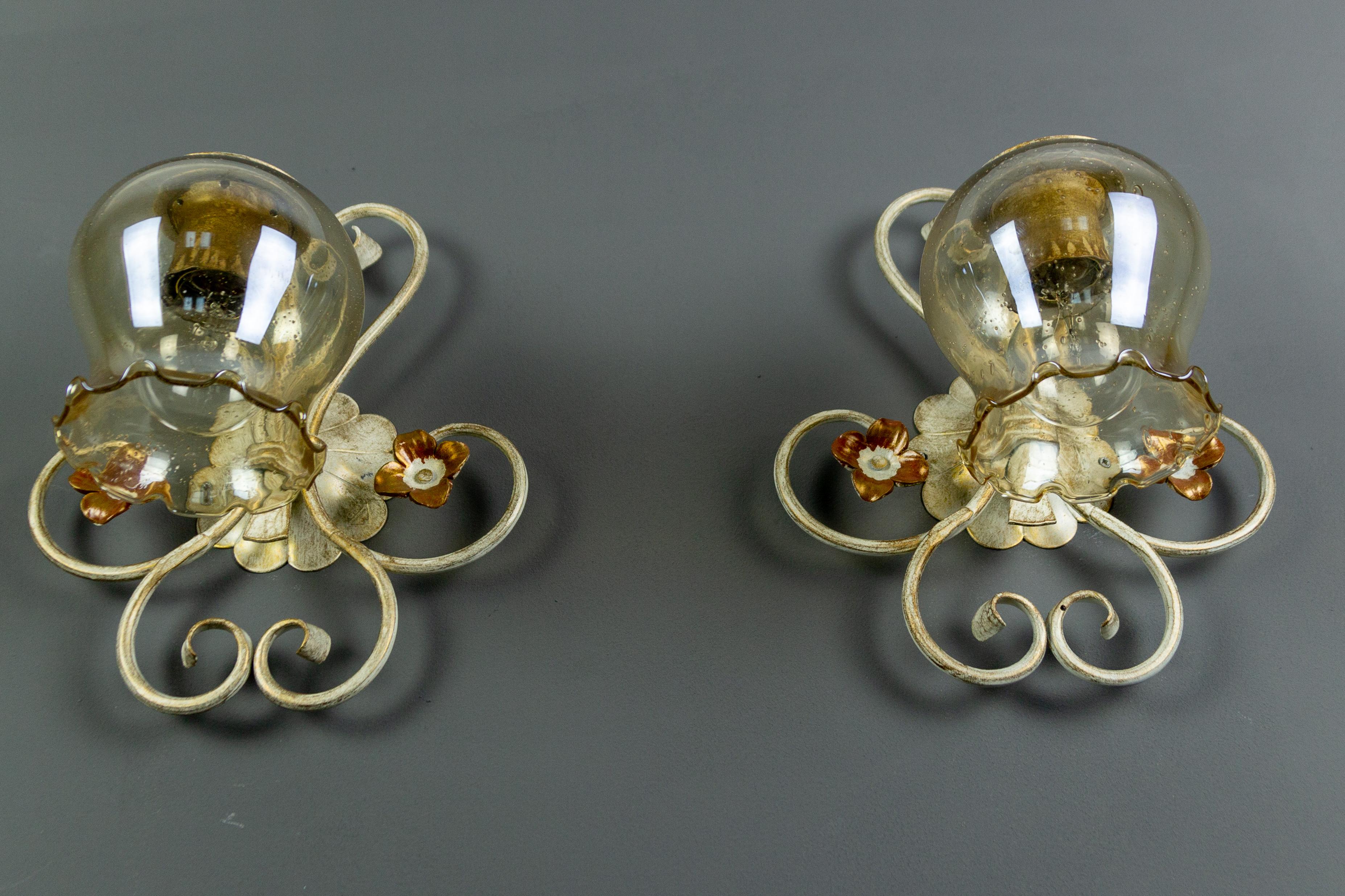 Set of Wrought Iron and Glass One Pendant Light and Two Sconces, Germany, 1960s For Sale 6