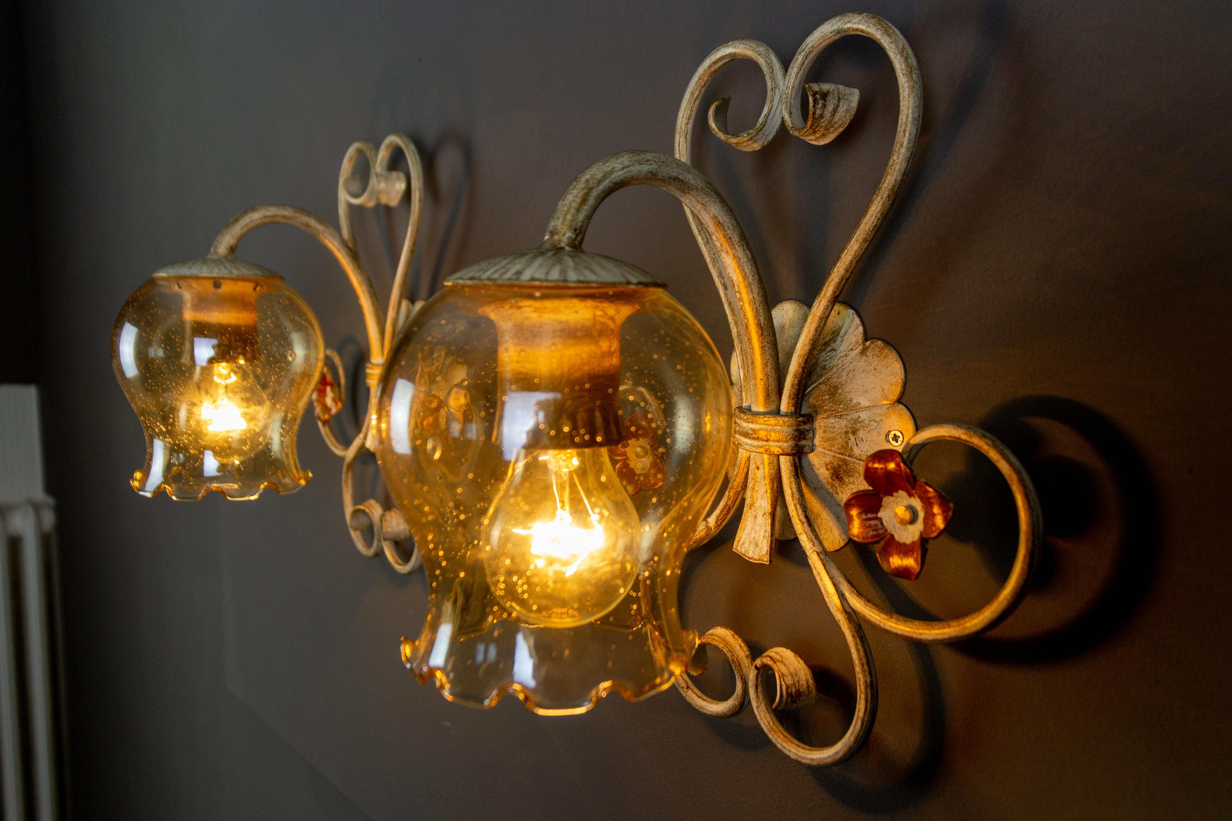 Set of Wrought Iron and Glass One Pendant Light and Two Sconces, Germany, 1960s For Sale 10