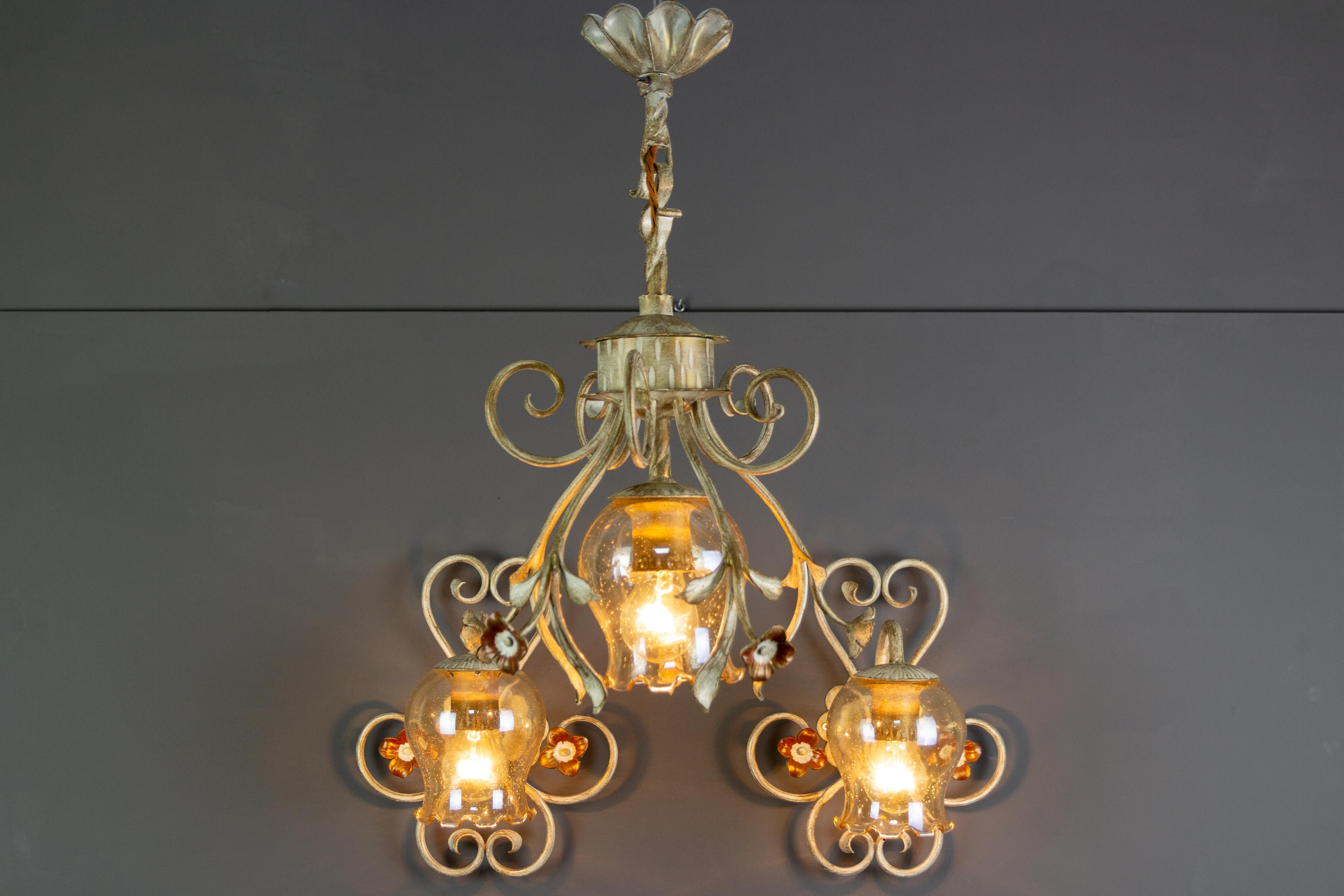 Set of Wrought Iron and Glass One Pendant Light and Two Sconces, Germany, 1960s For Sale 11