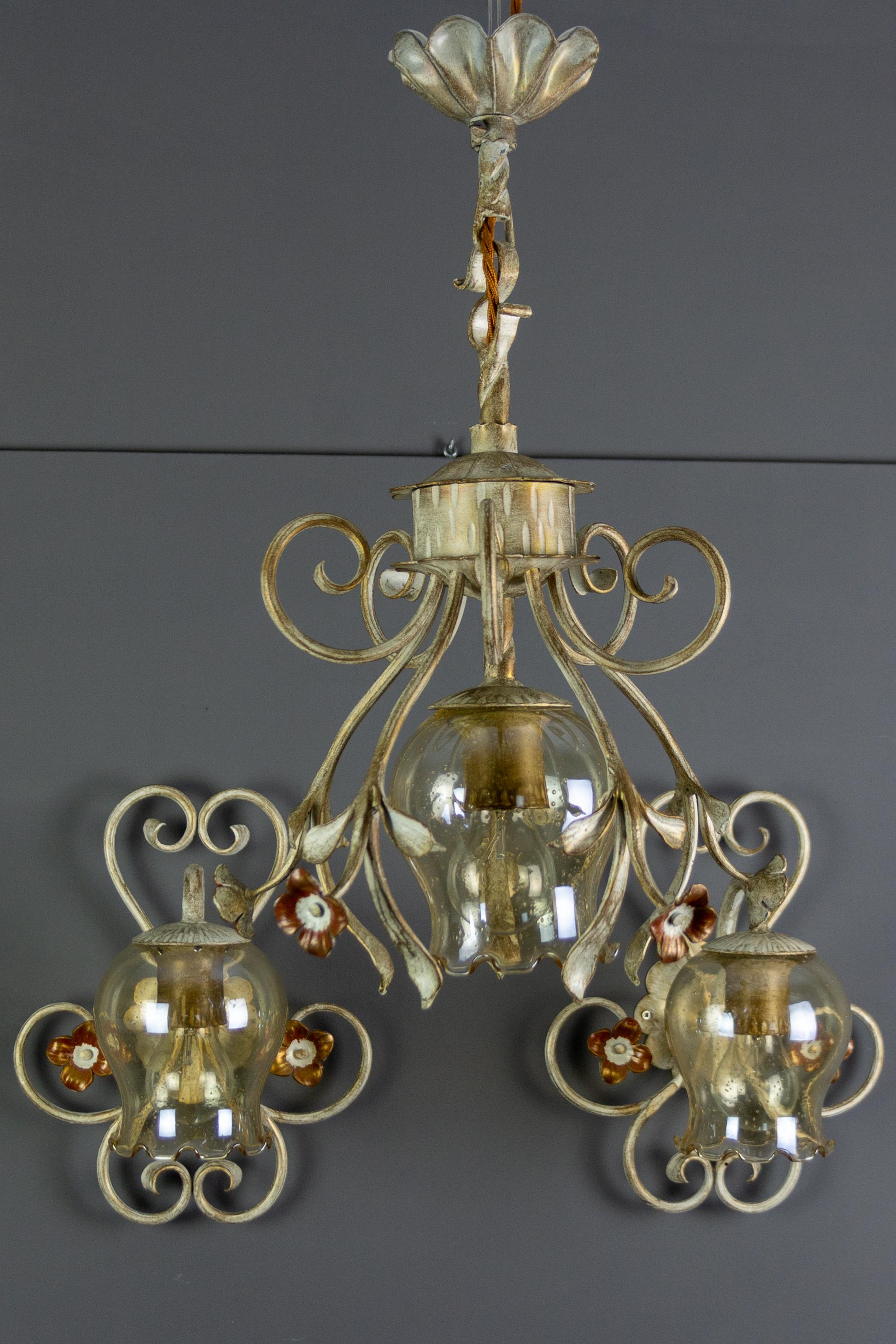 Set of Wrought Iron and Glass One Pendant Light and Two Sconces, Germany, 1960s For Sale 12