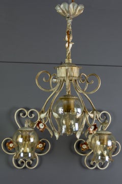 Set of Wrought Iron and Glass One Pendant Light and Two Sconces, Germany, 1960s