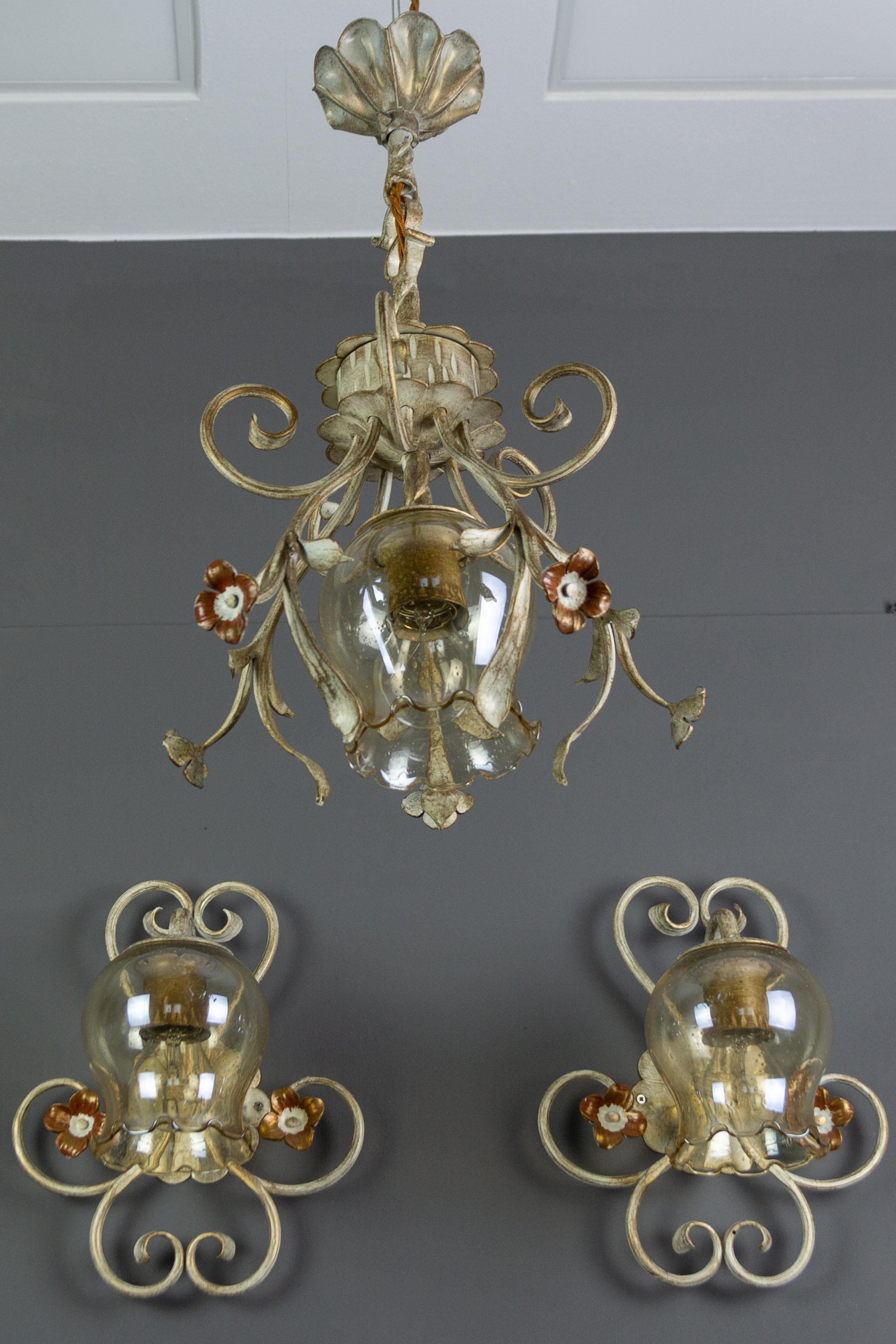 Set of Wrought Iron and Glass One Pendant Light and Two Sconces, Germany, 1960s For Sale 13