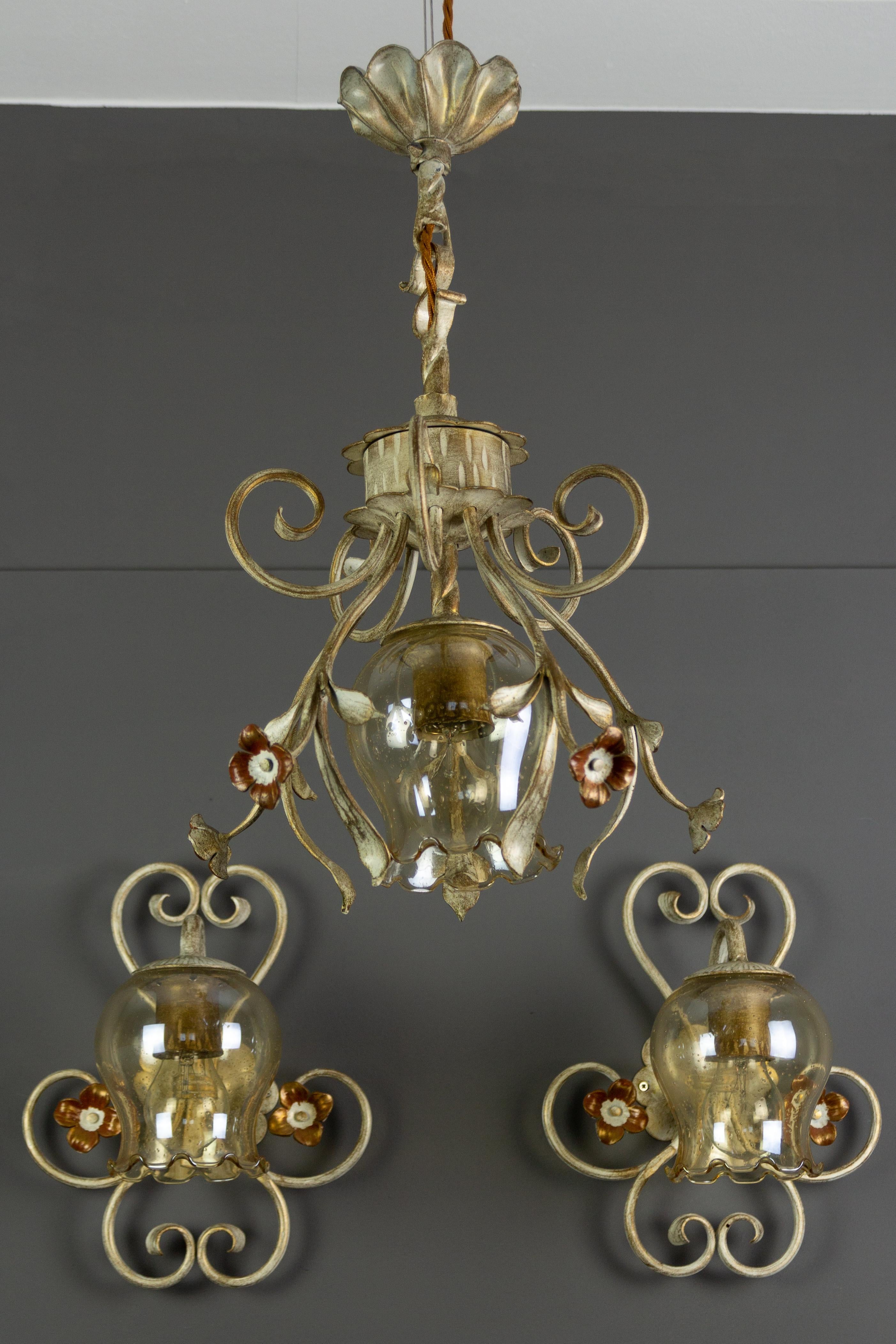 Hollywood Regency Set of Wrought Iron and Glass One Pendant Light and Two Sconces, Germany, 1960s For Sale