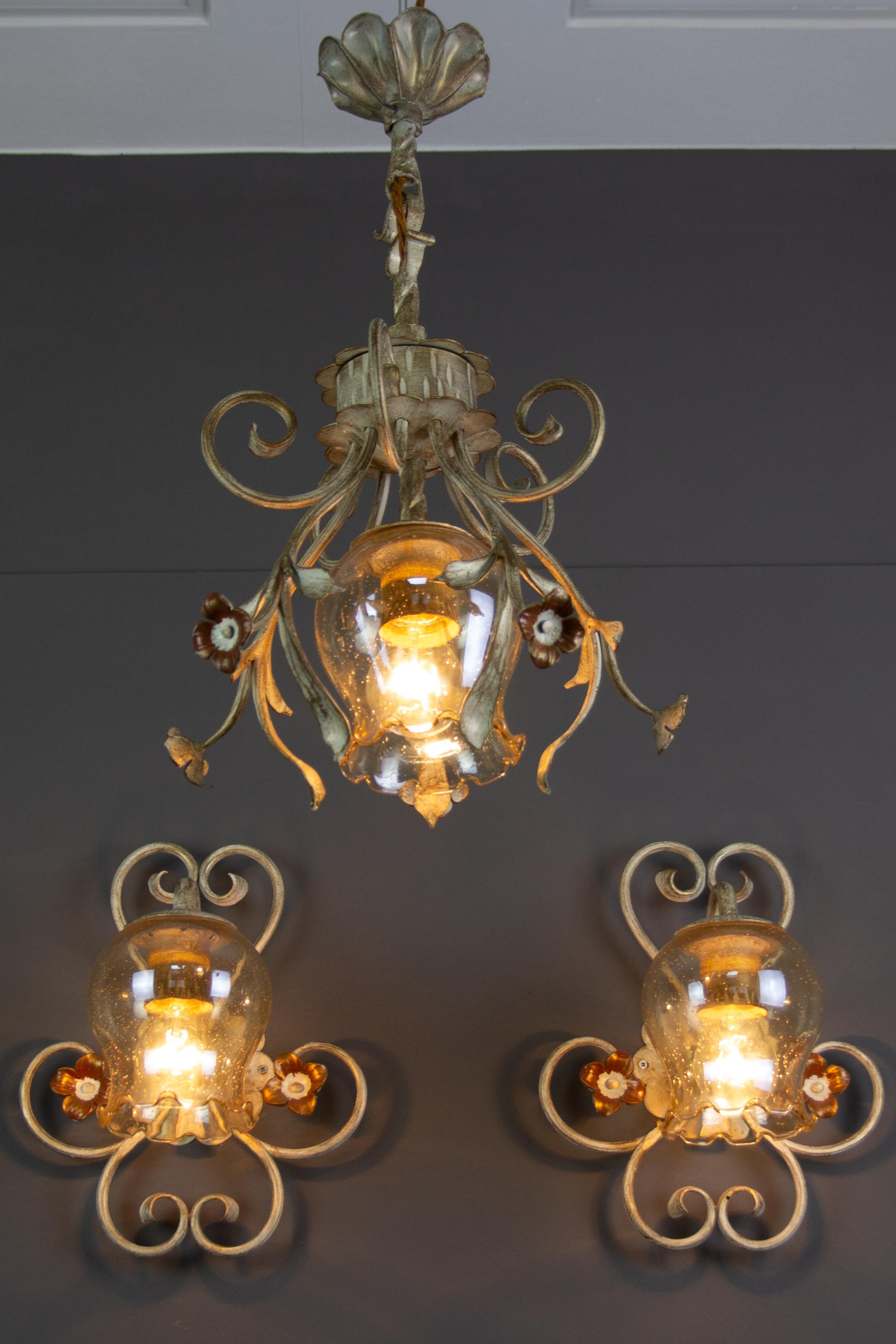 Patinated Set of Wrought Iron and Glass One Pendant Light and Two Sconces, Germany, 1960s For Sale