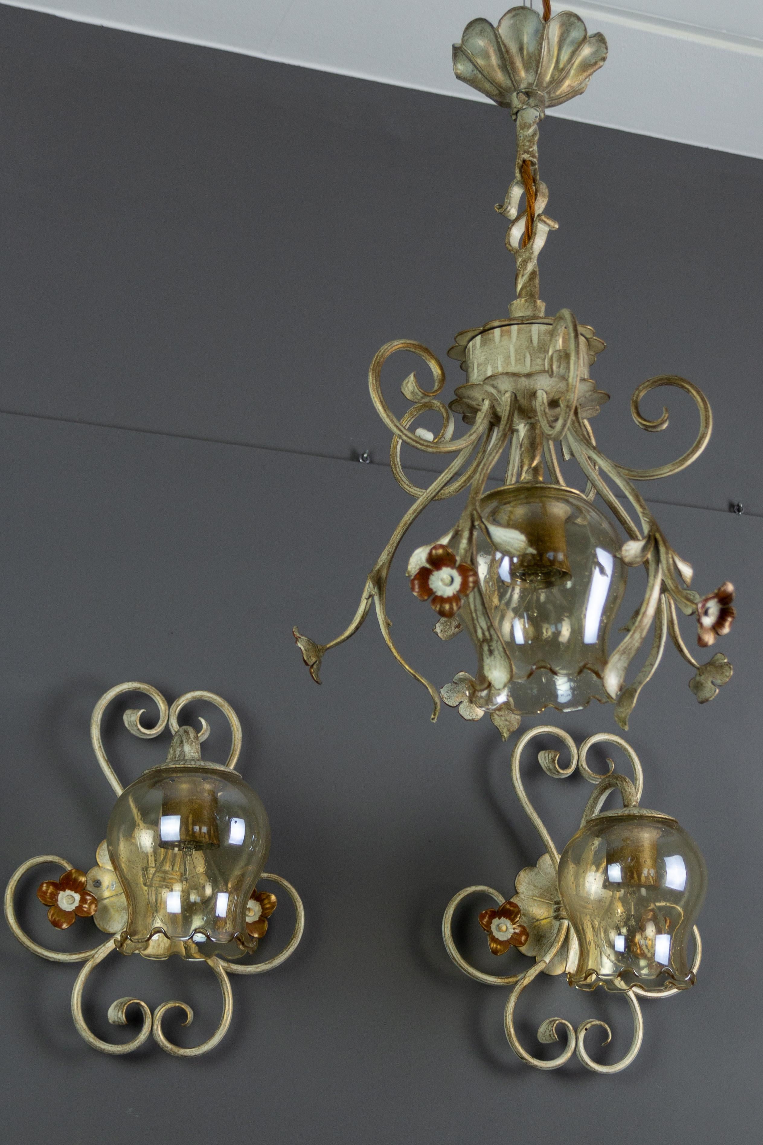 Set of Wrought Iron and Glass One Pendant Light and Two Sconces, Germany, 1960s In Good Condition For Sale In Barntrup, DE