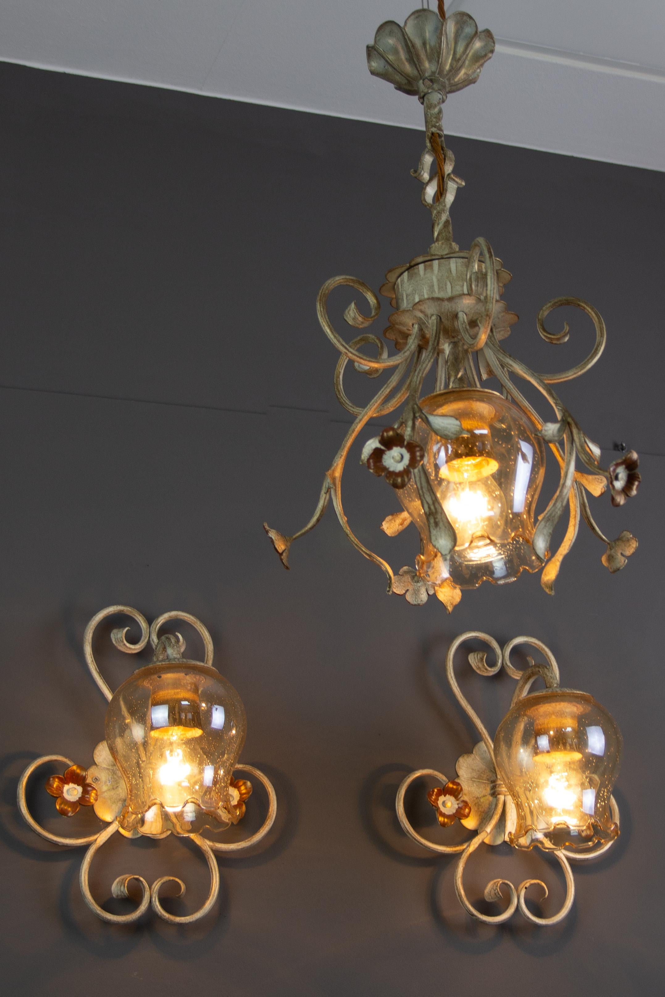Mid-20th Century Set of Wrought Iron and Glass One Pendant Light and Two Sconces, Germany, 1960s For Sale