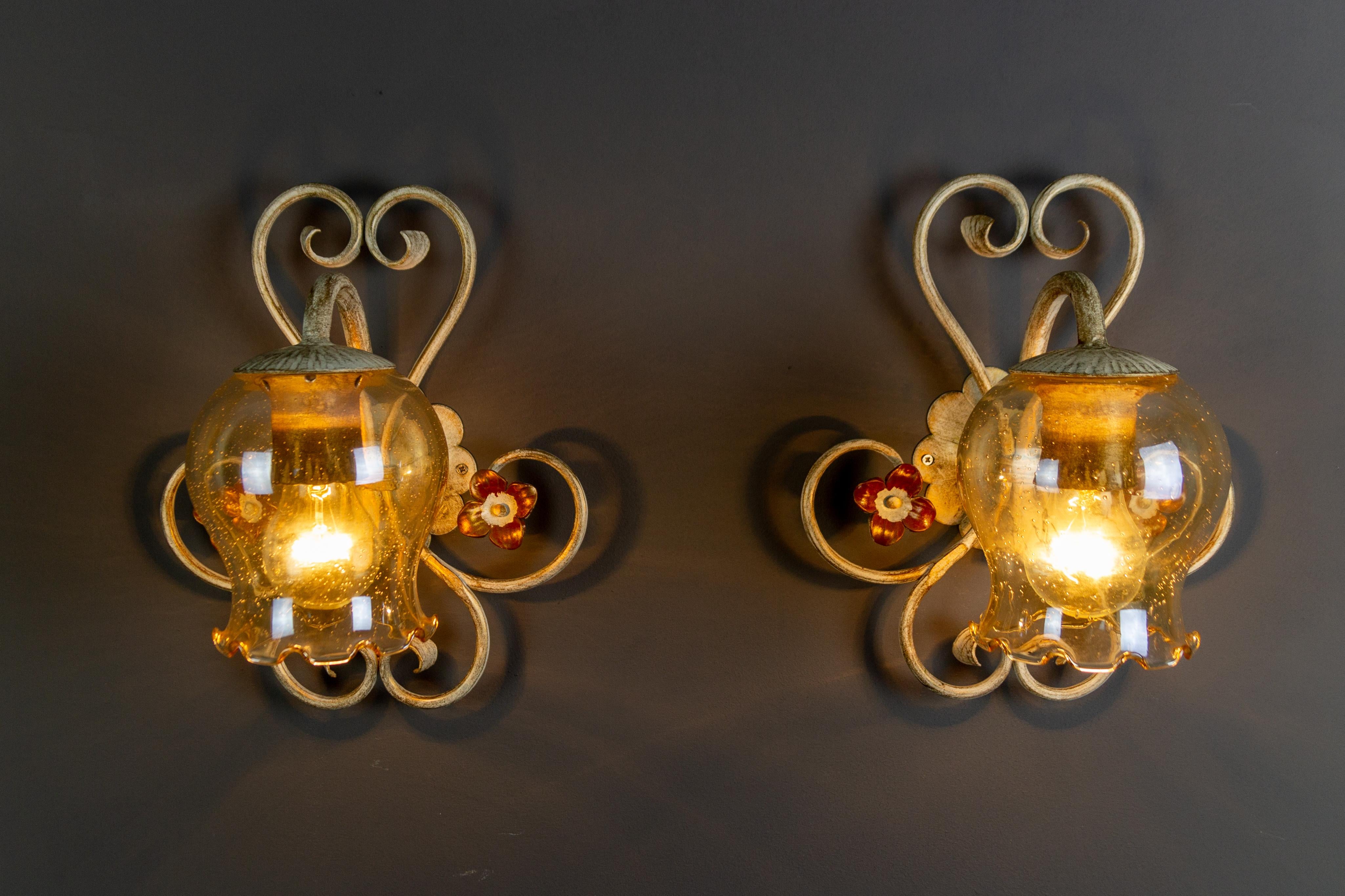 Set of Wrought Iron and Glass One Pendant Light and Two Sconces, Germany, 1960s For Sale 1