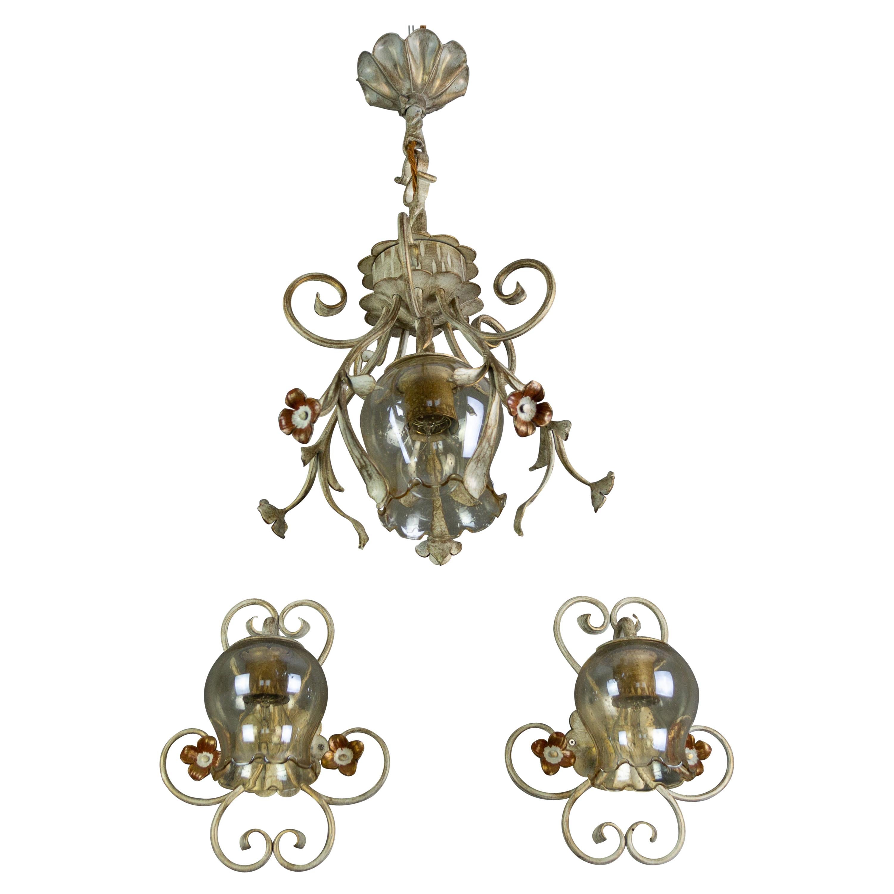 Set of Wrought Iron and Glass One Pendant Light and Two Sconces, Germany, 1960s