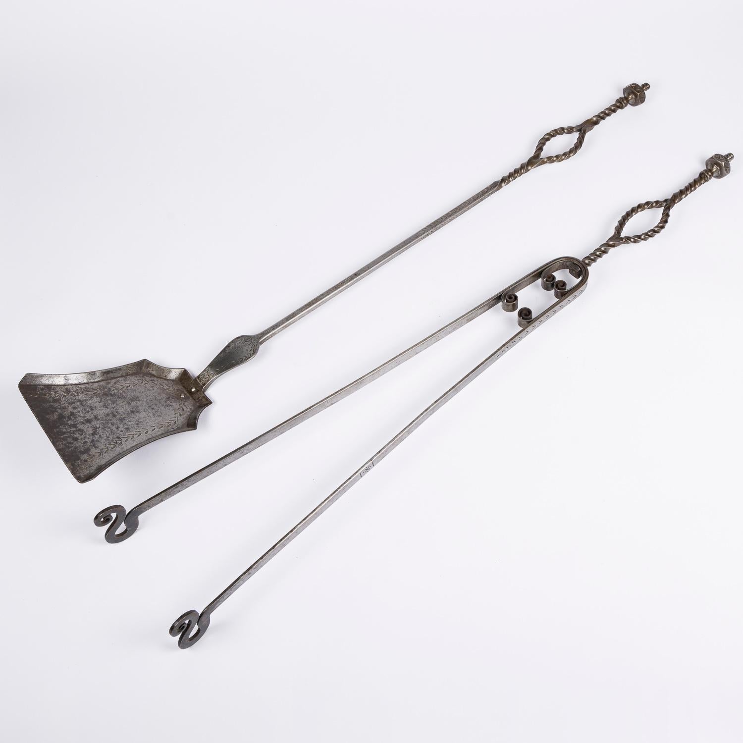  Set of wrought iron fire tools, shovel and tongs. For Sale 12