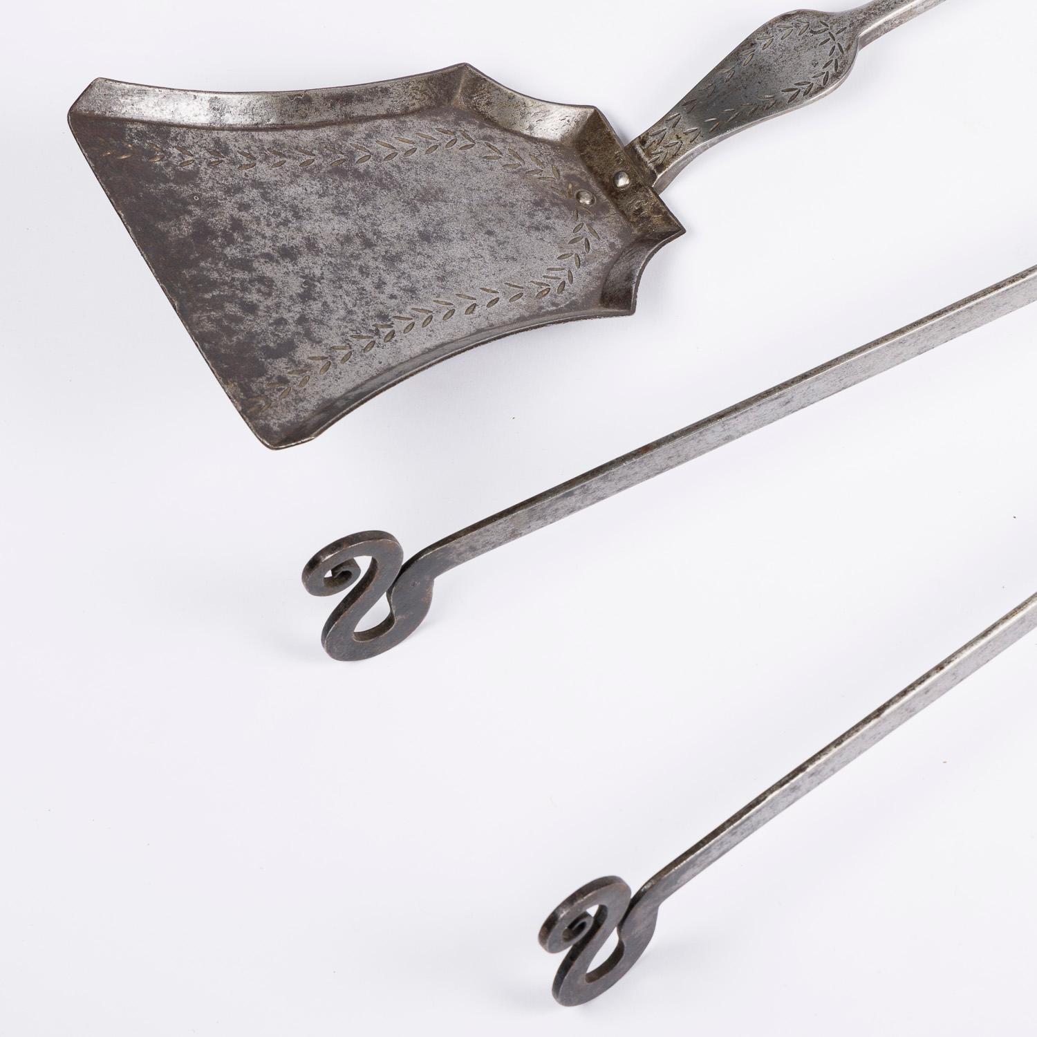 19th Century  Set of wrought iron fire tools, shovel and tongs. For Sale