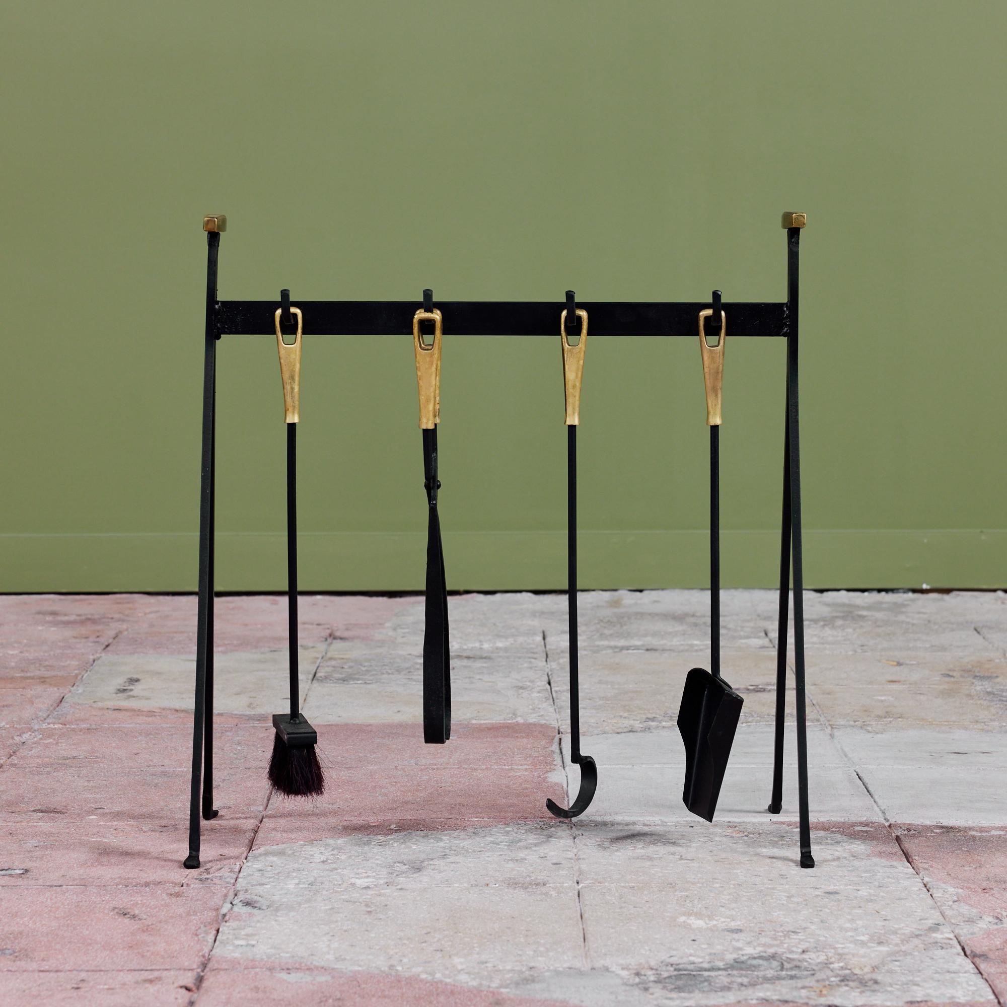 Mid-Century Modern Set of Wrought Iron Fireplace Tools with Brass Detail