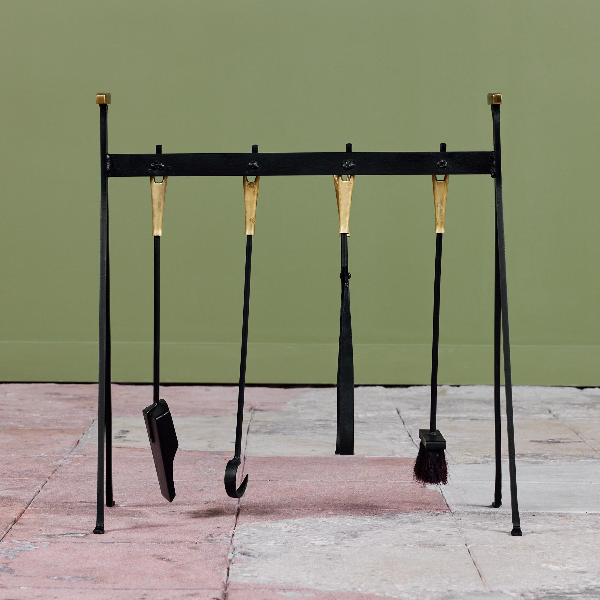 Blackened Set of Wrought Iron Fireplace Tools with Brass Detail