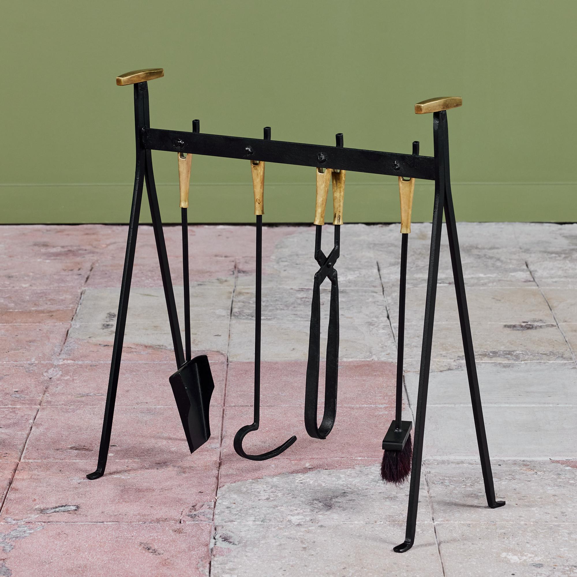 20th Century Set of Wrought Iron Fireplace Tools with Brass Detail
