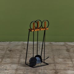 Set of Wrought Iron Fireplace Tools with Wood Handles