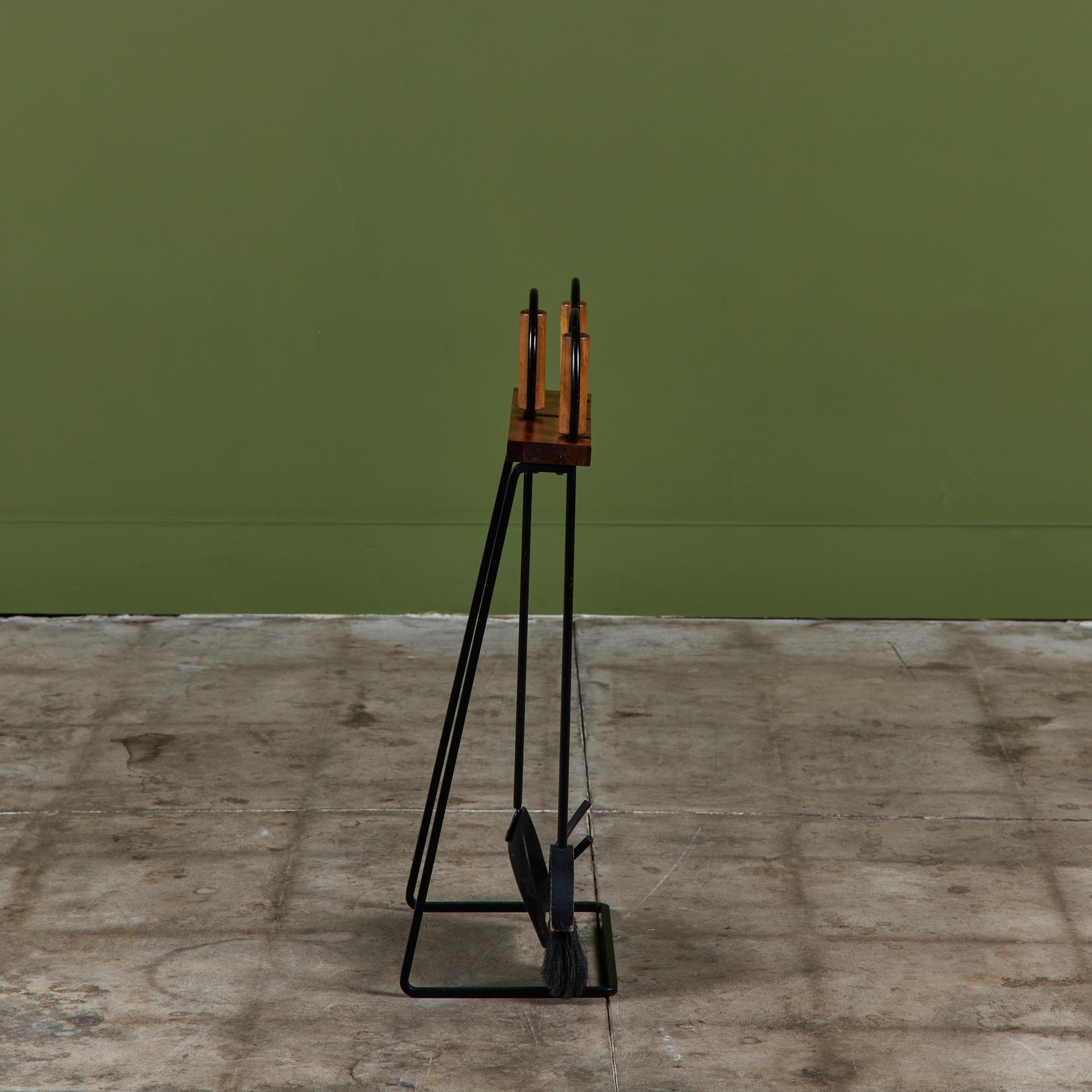 Blackened Set of Wrought Iron Fireplace Tools with Wood Handles For Sale