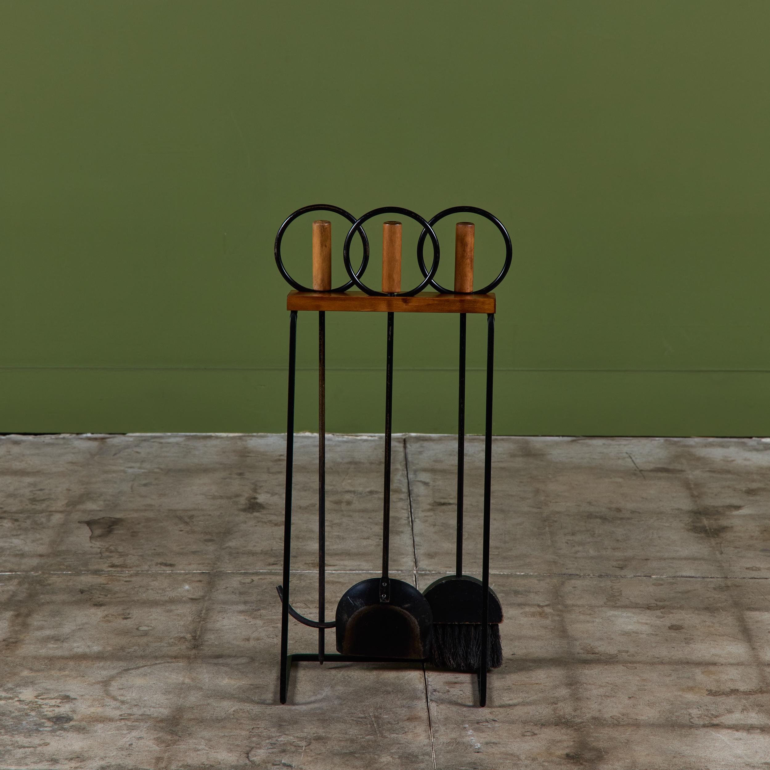 20th Century Set of Wrought Iron Fireplace Tools with Wood Handles For Sale