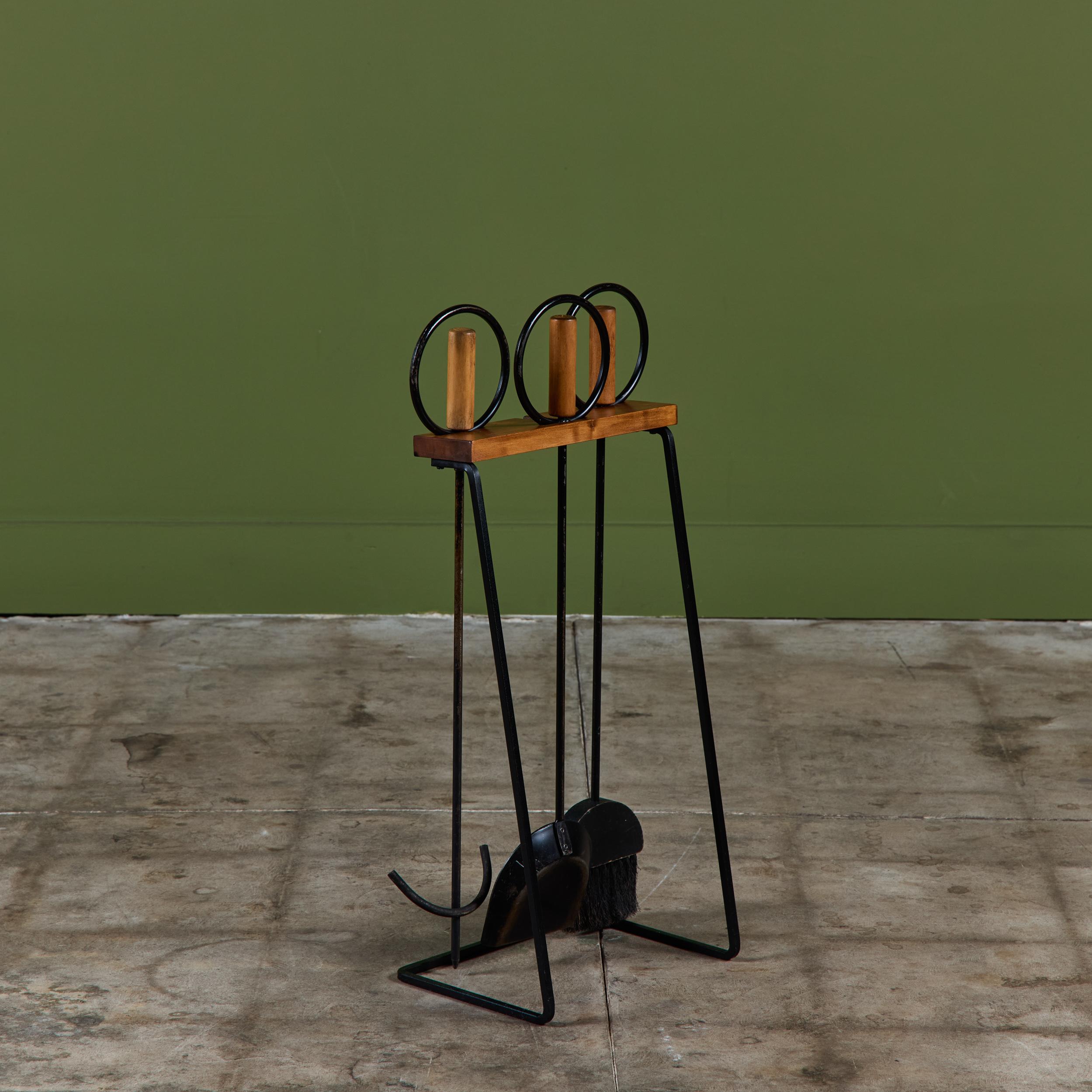 Set of Wrought Iron Fireplace Tools with Wood Handles For Sale 1