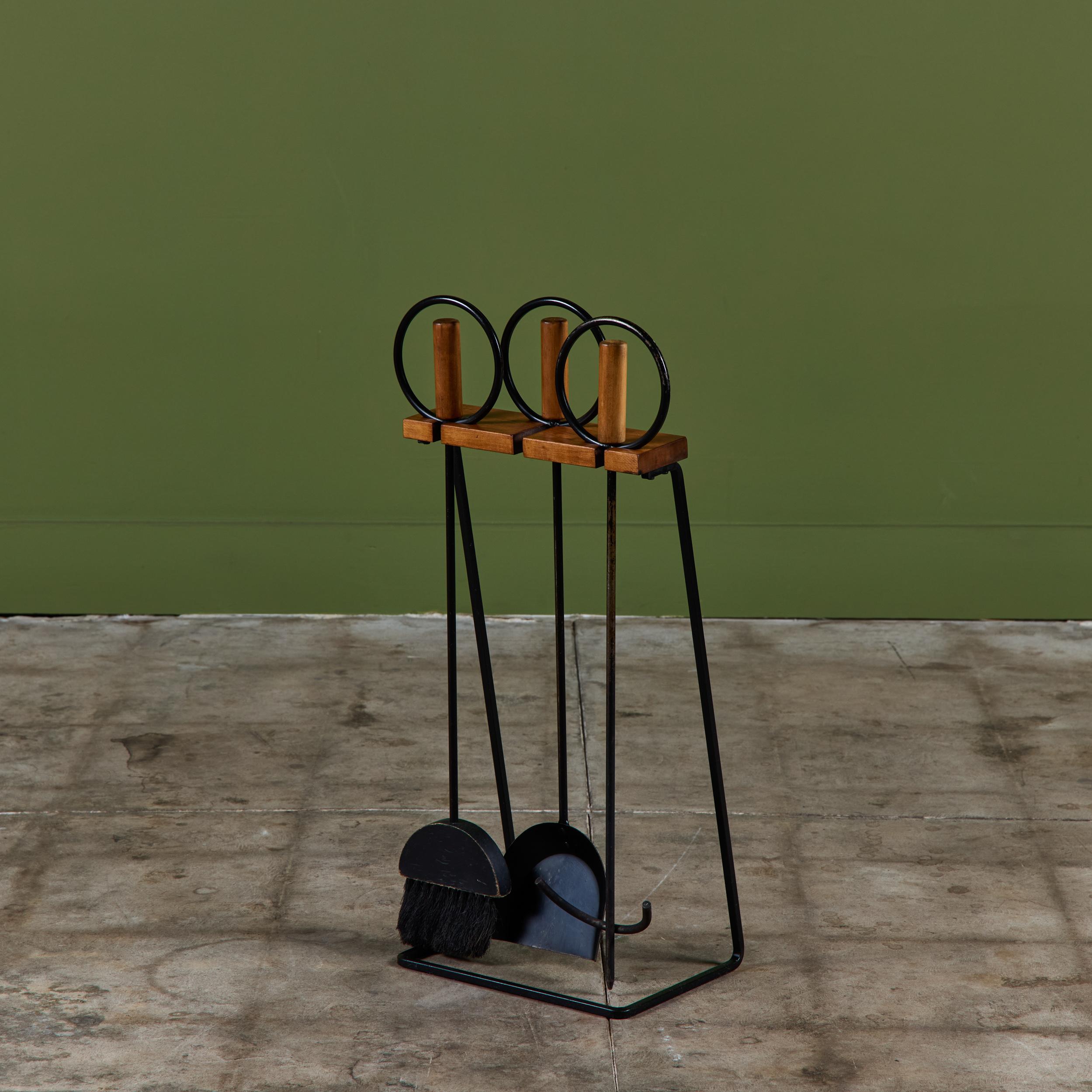 Set of Wrought Iron Fireplace Tools with Wood Handles For Sale 2