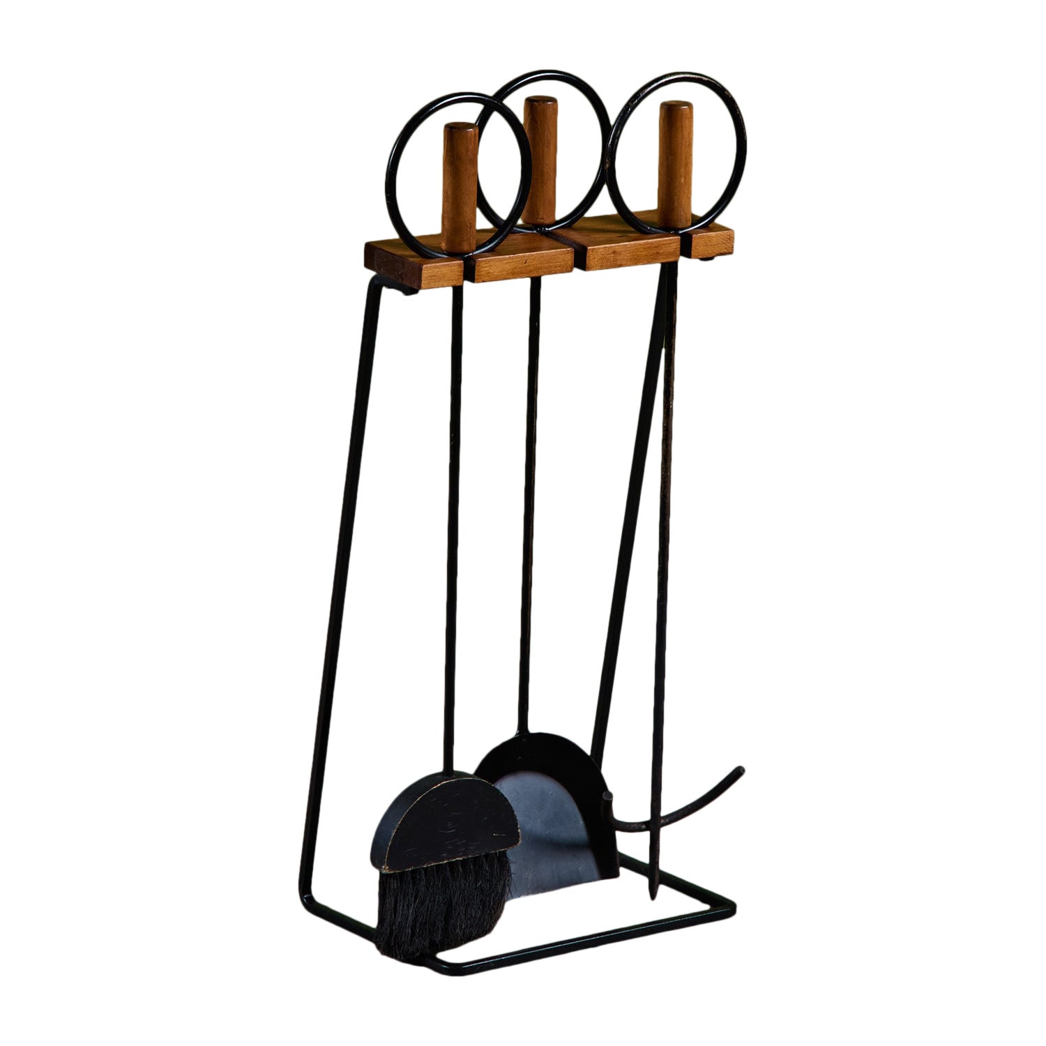 Set of Wrought Iron Fireplace Tools with Wood Handles For Sale