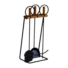 Set of Wrought Iron Fireplace Tools with Wood Handles