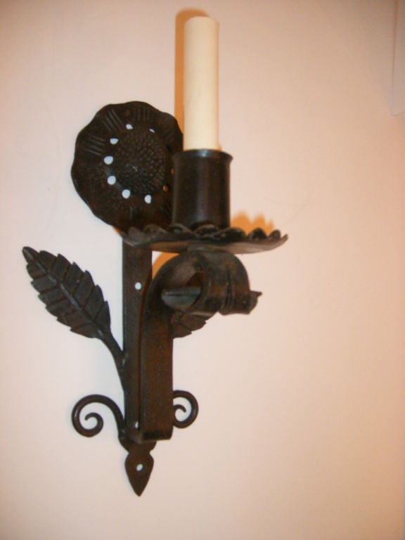 Italian Set of Wrought Iron Sunflower Sconces, Sold Per Pair For Sale