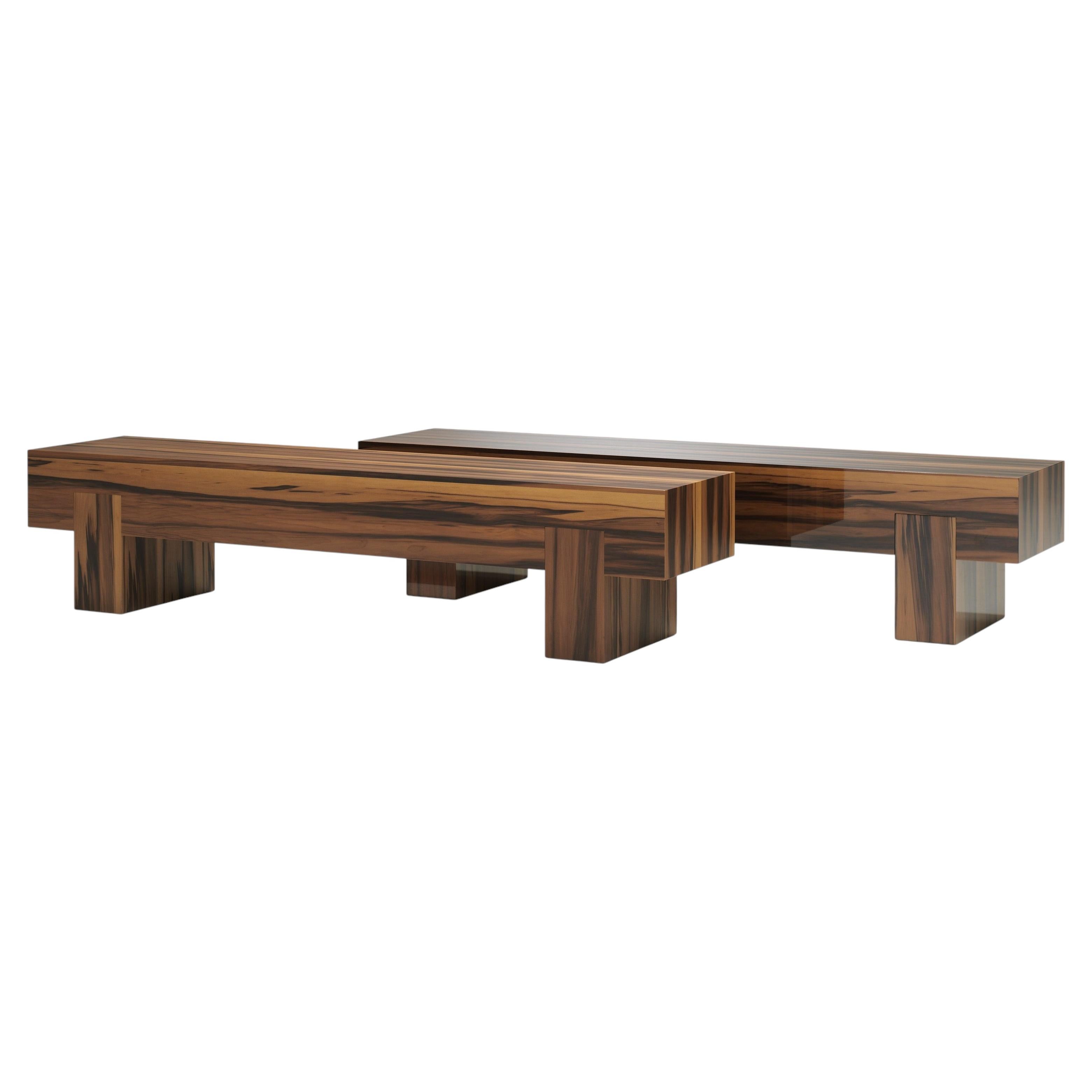 Lot de 2 tables basses « Bimu » de LINTELOO, 120-40, Liquidambar mat et brillant en vente