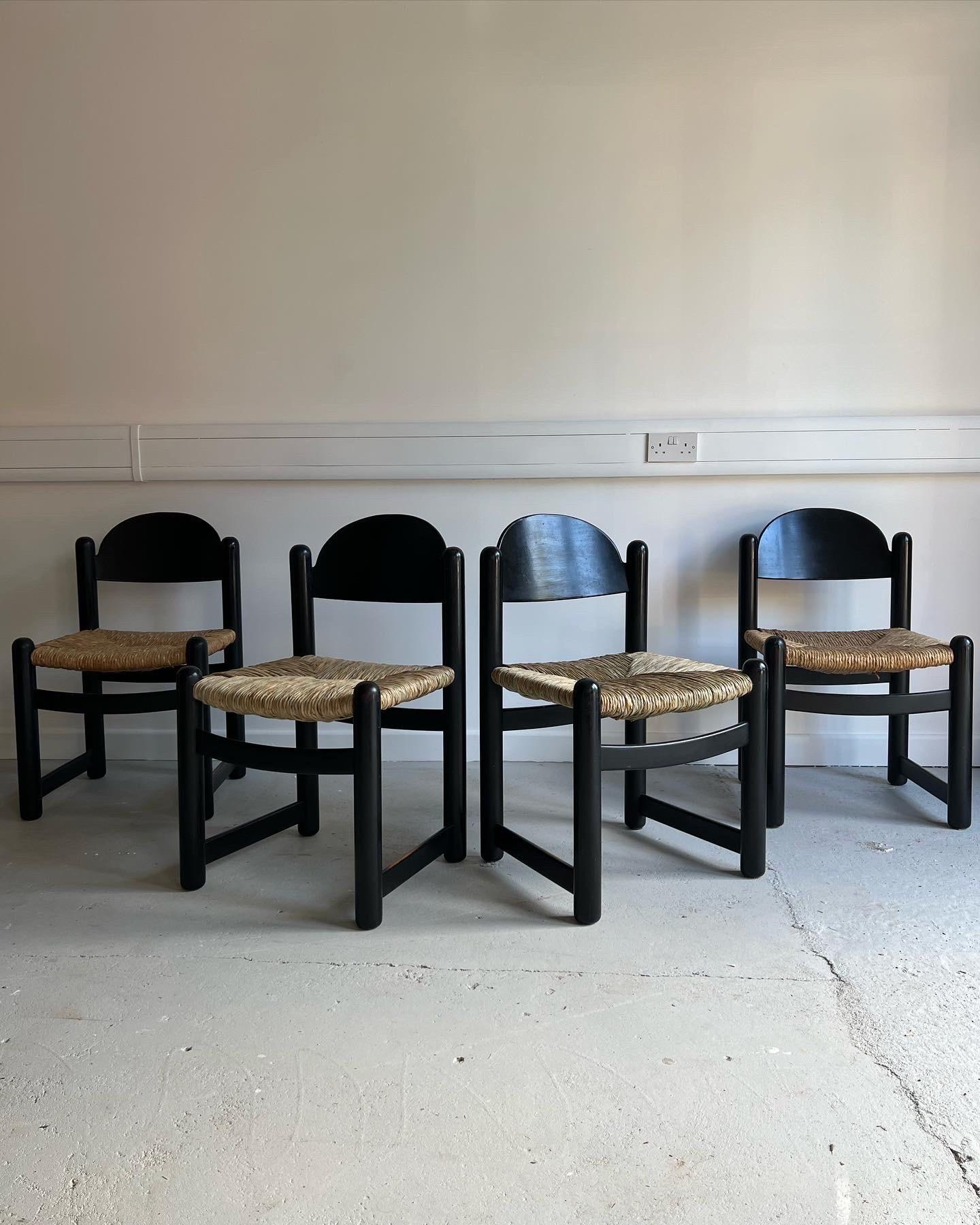 Set of x4 solid Beech and rush Padova chairs by Hank Lowenstein with beautiful rounded edges.  

A super sturdy and well made set produced in the 1960s.  Two of the chairs have their original rush seats and two have been professionally restored with