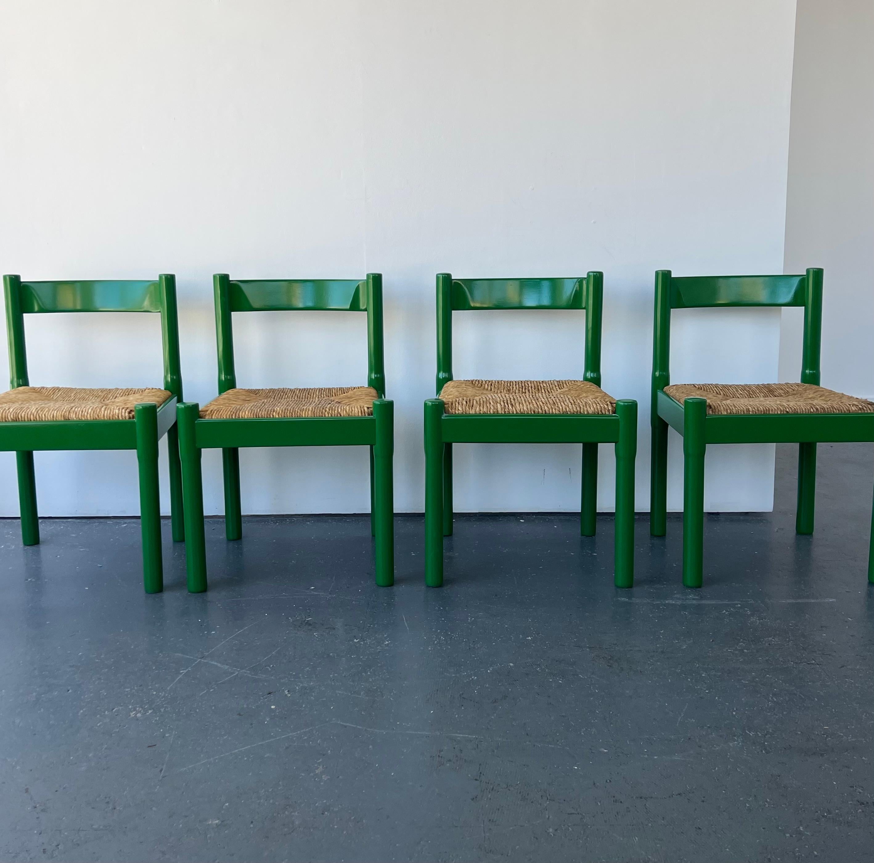 Italian Set of x6 Glossy Green Carimate Chairs by Vico Magistretti For Sale