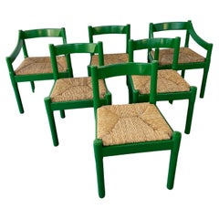 Retro Set of x6 Glossy Green Carimate Chairs by Vico Magistretti