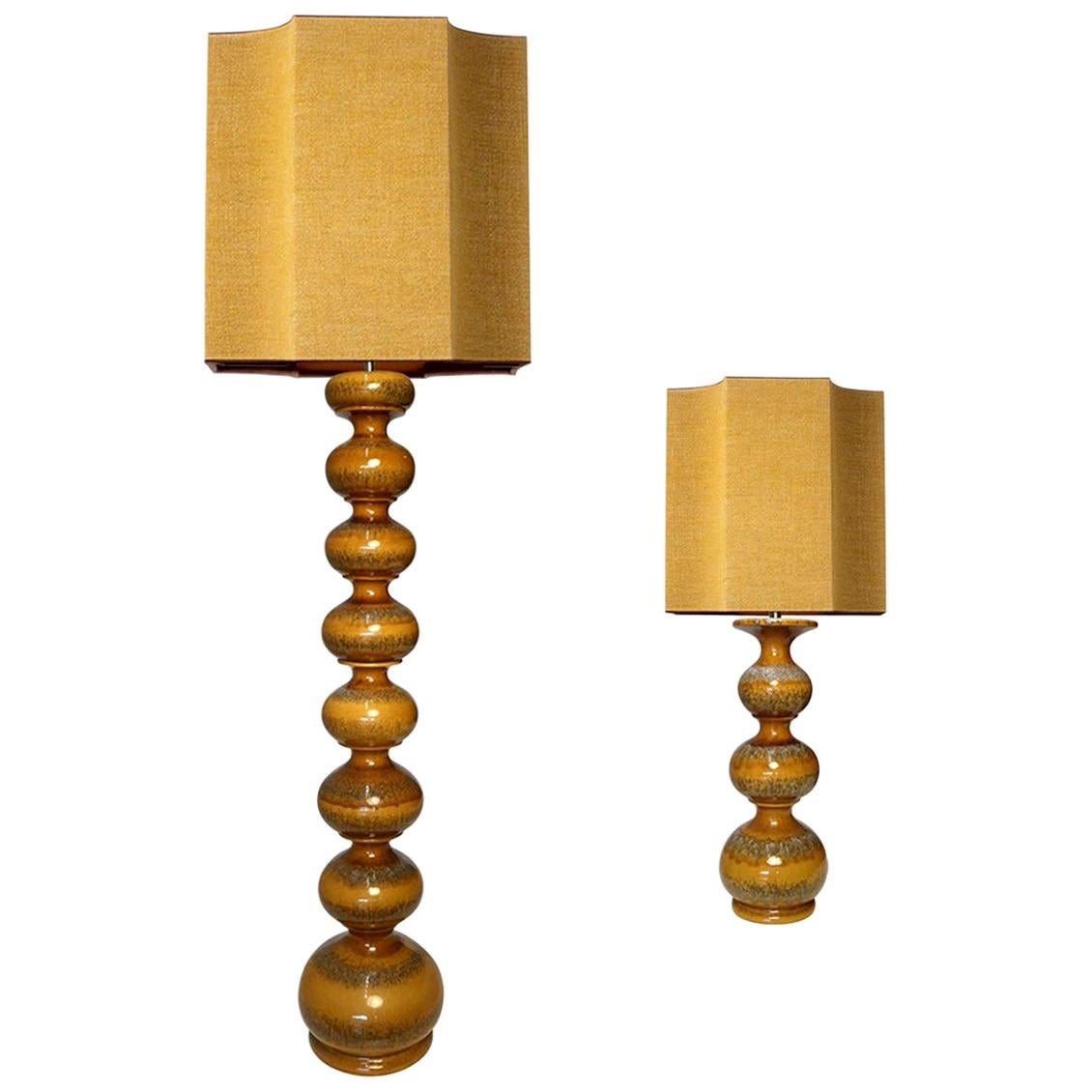 Mid-Century Modern Set of XL Ceramic Lamps with New Silk Custom Made Lampshades René Houben