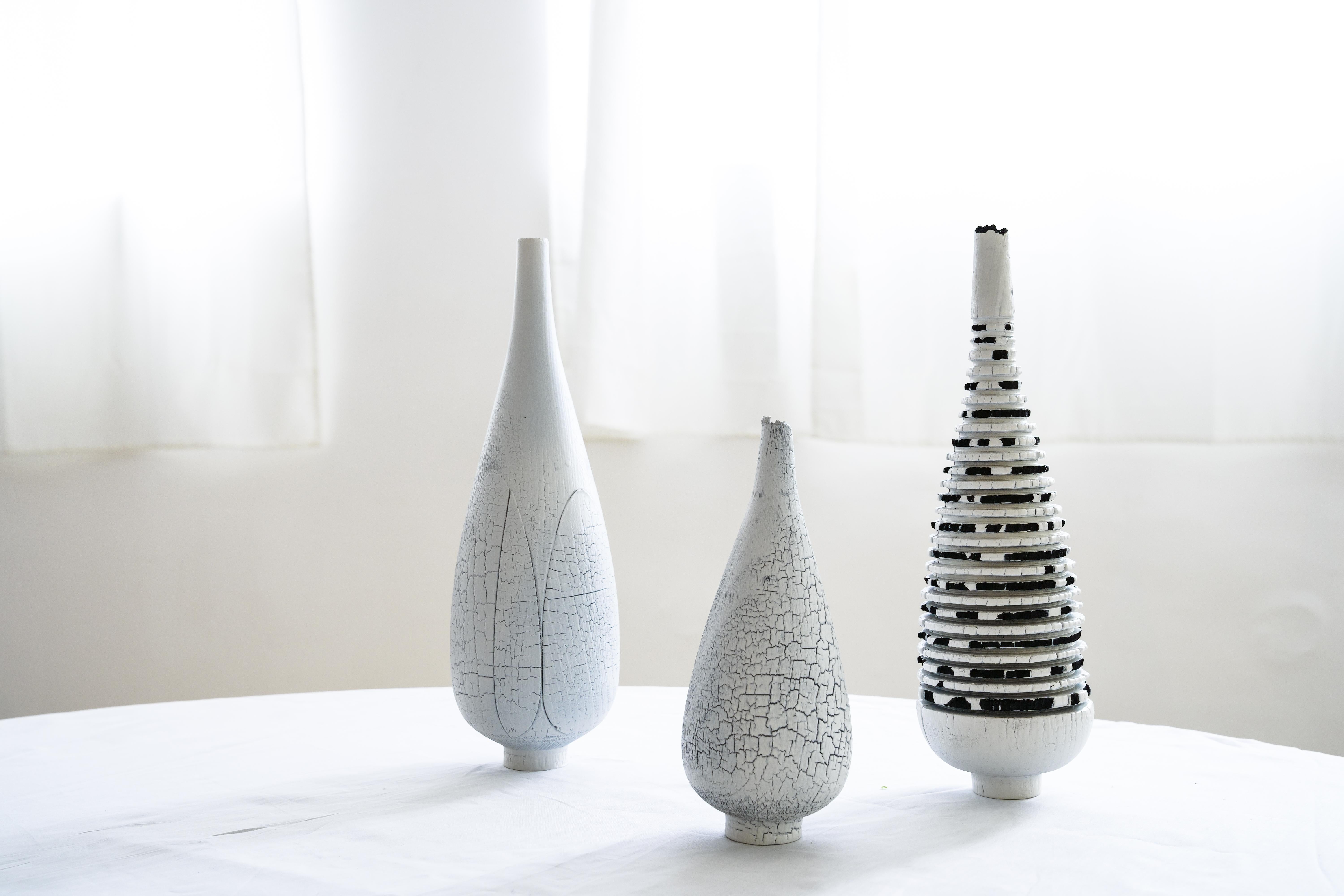 Post-Modern Set of Zebra Burnt Vase, Large White Vase and Small White Vase by Daniel Elkayam For Sale