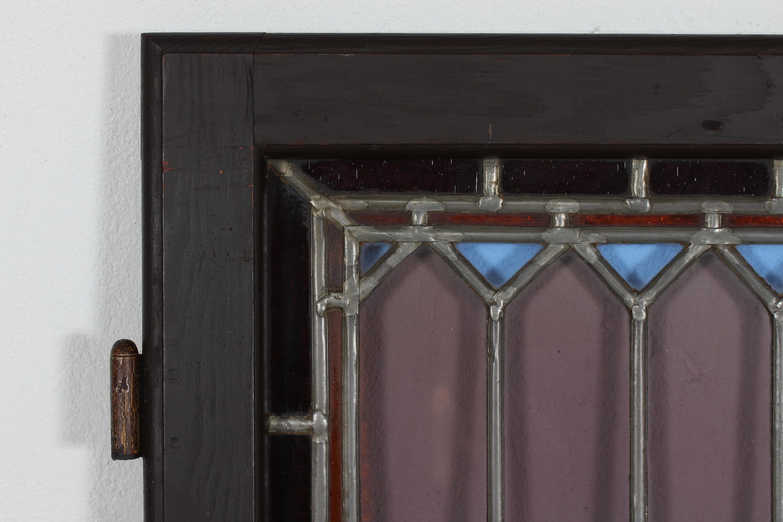 Baroque Set Old Leaded Windows with Colored Panes in Frame of Dark Wood, Denmark 1940s For Sale
