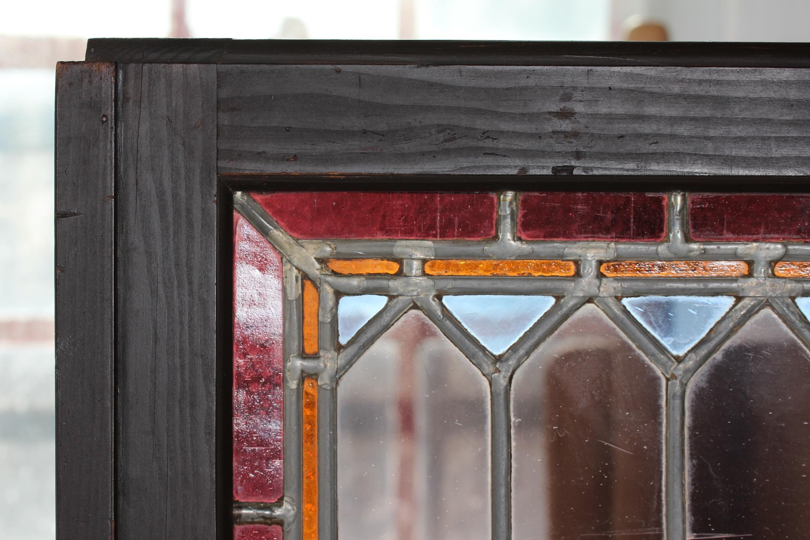 Stained Set Old Leaded Windows with Colored Panes in Frame of Dark Wood, Denmark 1940s For Sale
