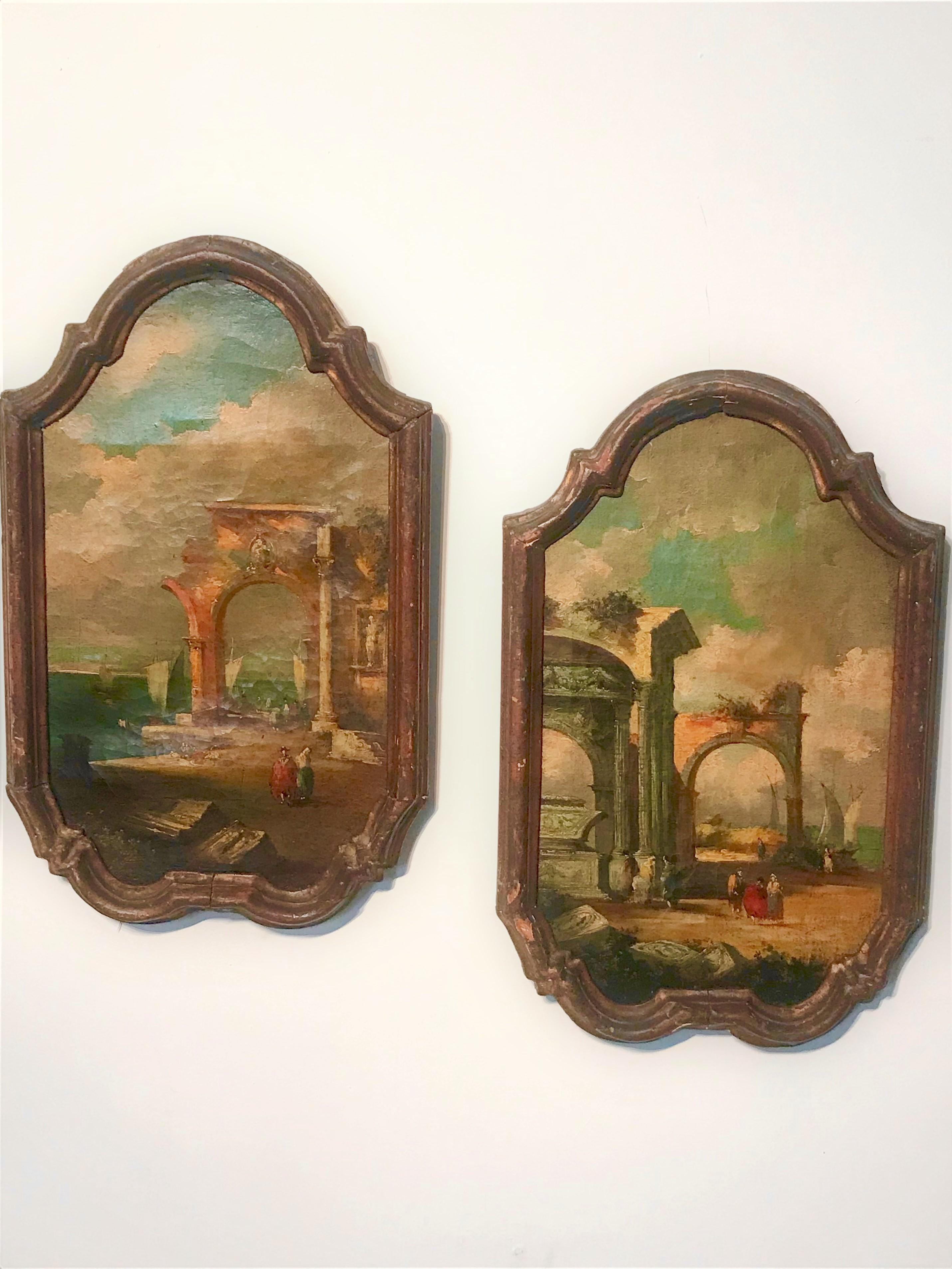 A set of capriccio (or ruins ) after Guardi (the prominent Venetian artist of noble birth ) ,probably executed as a Grand Tour souvenir  from Venice .  Present very well with considerable old world charm. Guardi represents the end of the Venetian