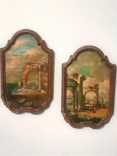 Set or Pair of Italian Oils Grand Tour Capriccio Ruins after Artist Guardi