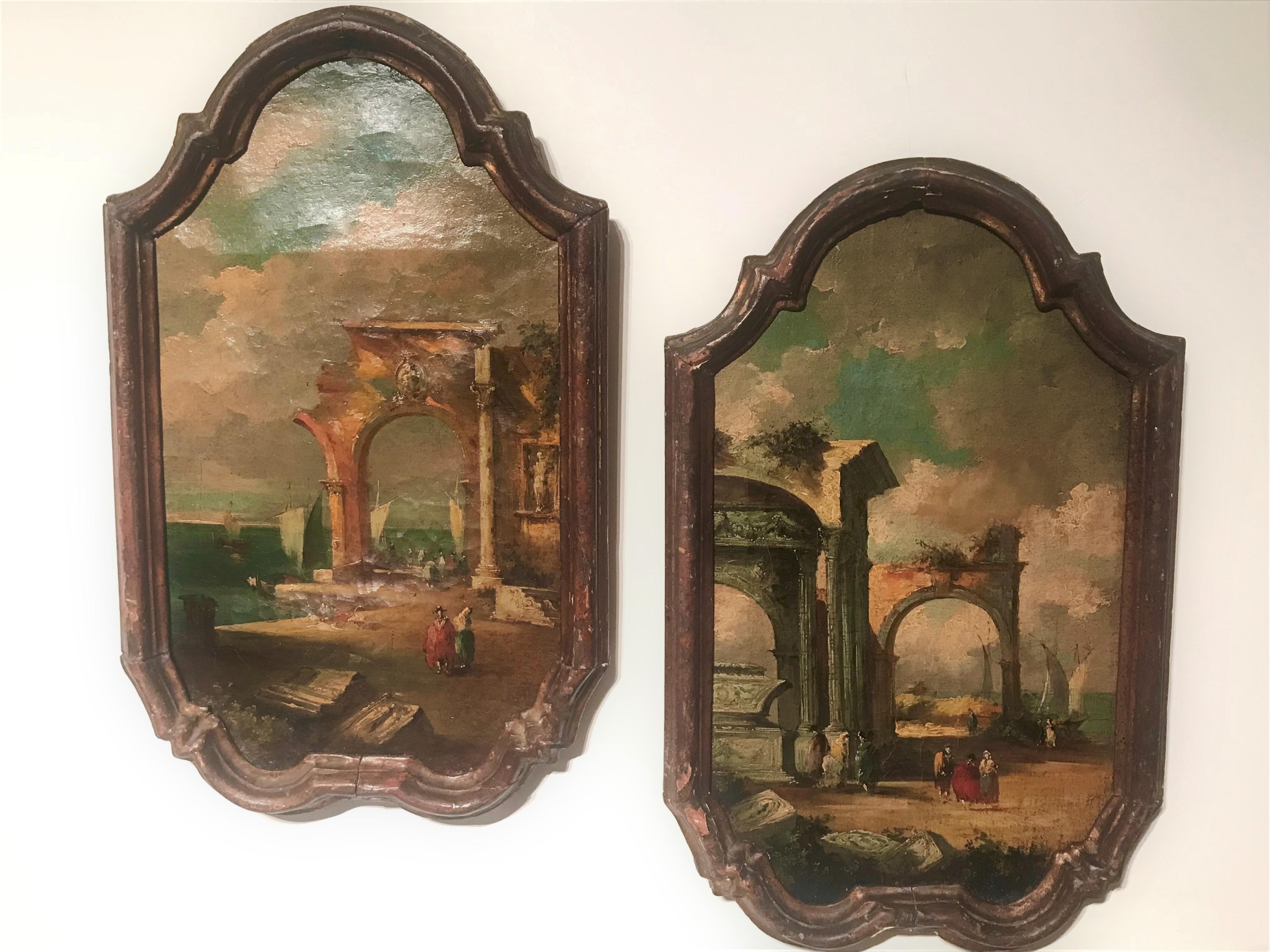 19th Century Set or Pair of Italian Oils Grand Tour Capriccio Ruins after Artist Guardi 