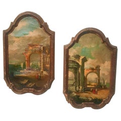 Set oder Paar italienische Ölgemälde, Grand Tour Capriccio- Ruinen nach Künstler Guardi 