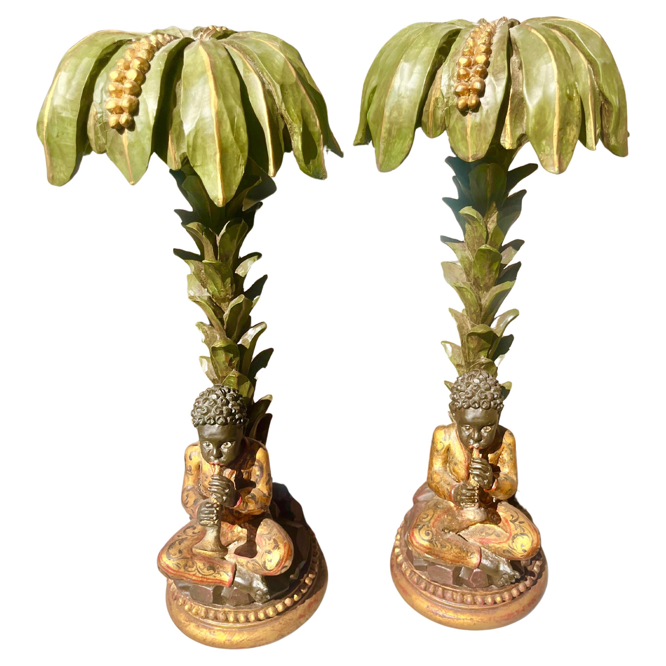 Set. of Palm Tree Form Sculpture Garnitures with Figural Trumpet Players