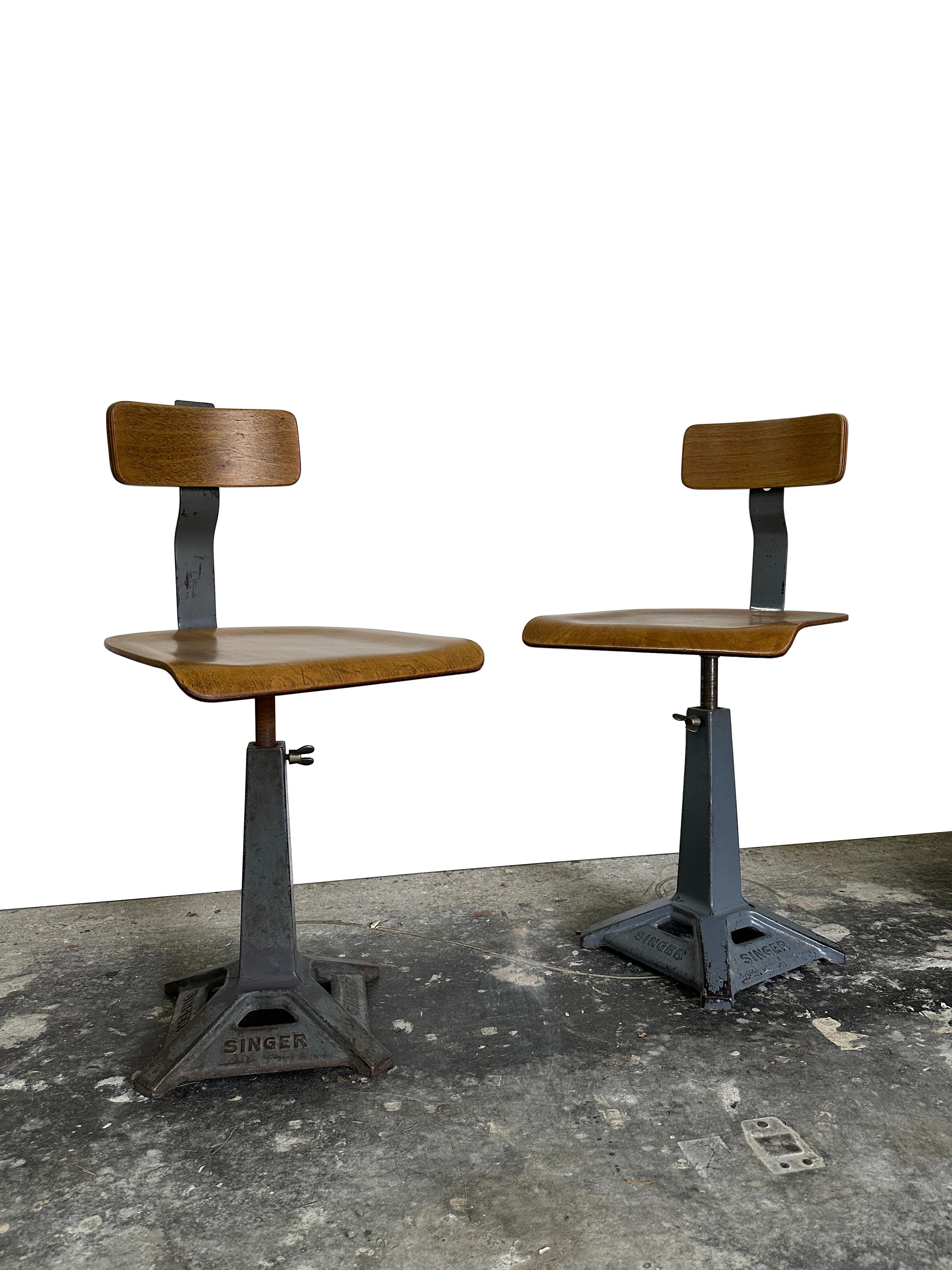 British Set Original Vintage Industrial Factory Machinist Singer Sewing Chairs Stool For Sale