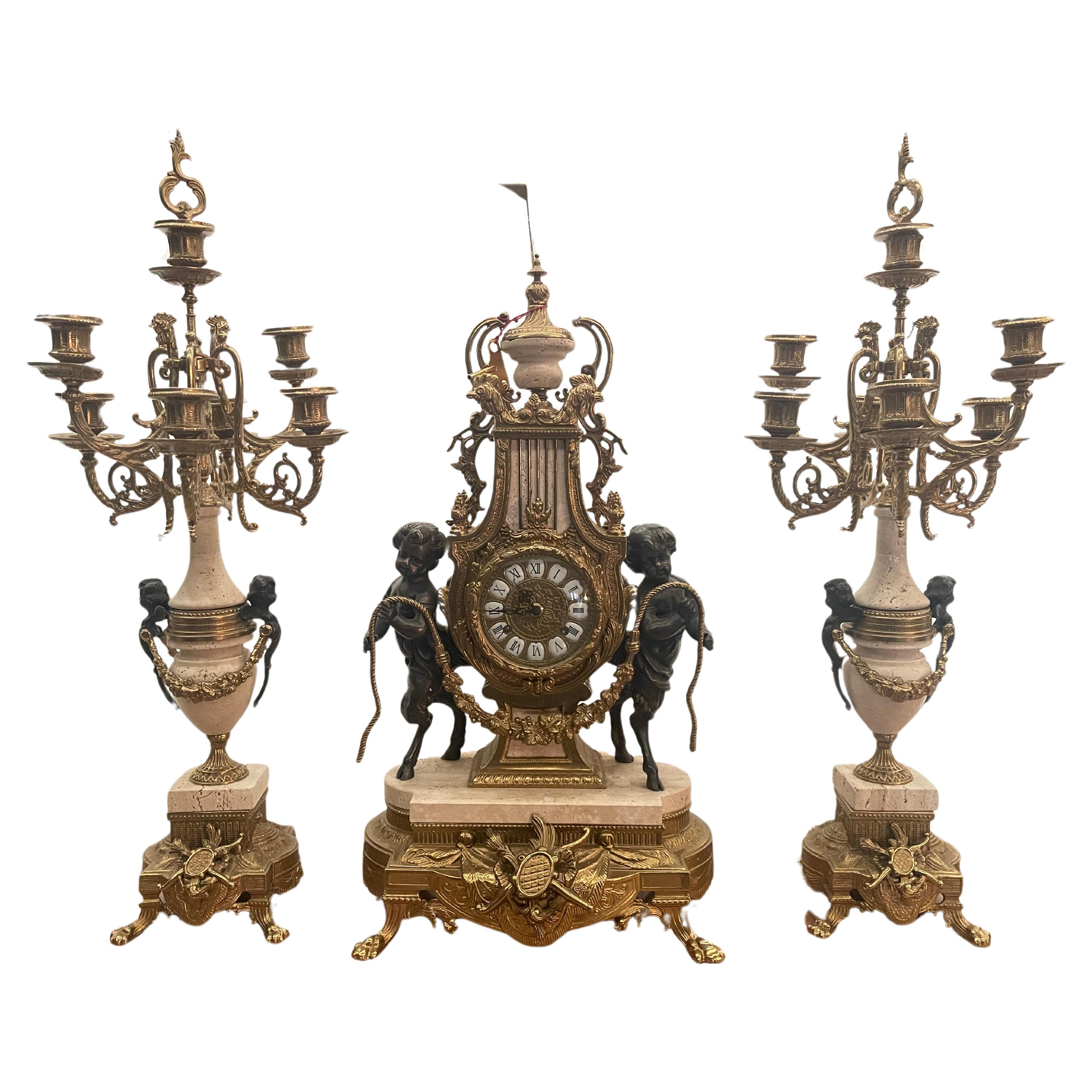 Spettacolare Set orologio in bronzo con montatura in marmol  For Sale
