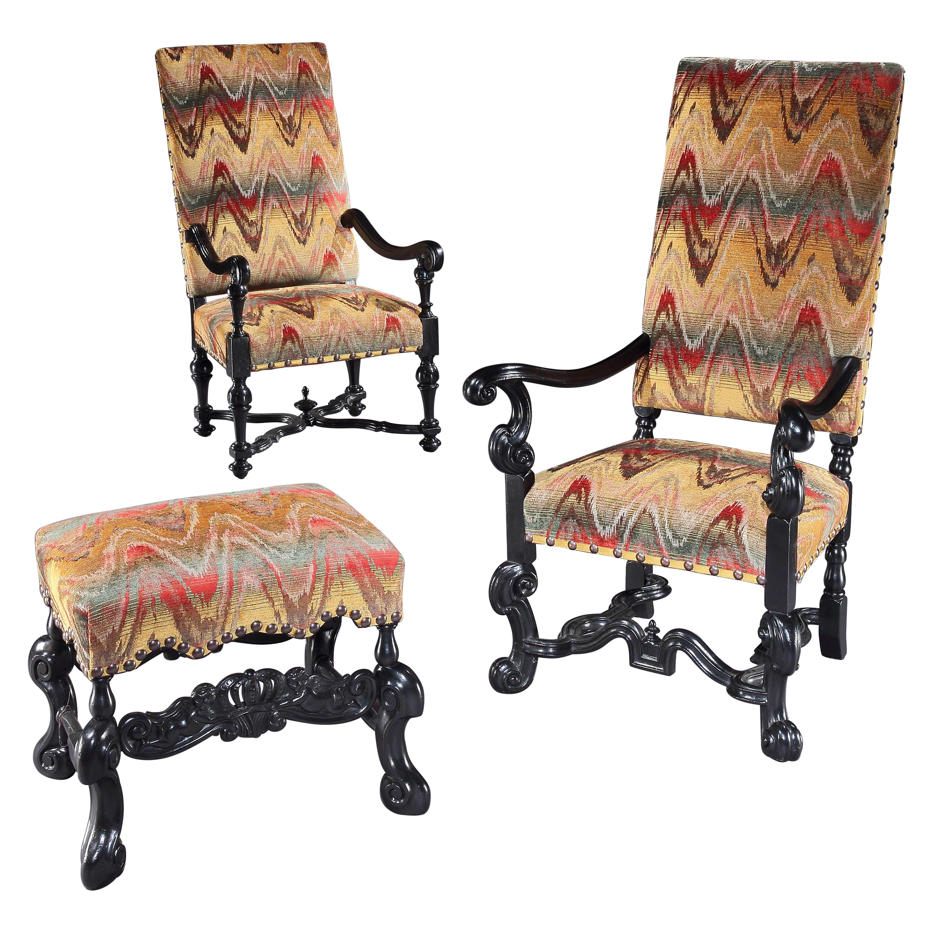 Set, Pair, Armchairs, Armchair, Stool, Ebonised, Baroque, Baroque-Revival For Sale