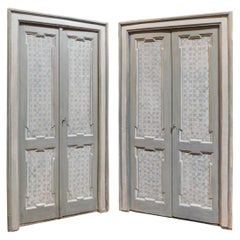 Set, Pair of Antique Gray Lacquered Wood Doors with Grate Painted, Italy, 1700
