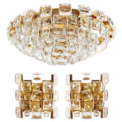 Set Palwa Flush Mount Light and Sconces, Gilt Brass Crystal Glass, 1970