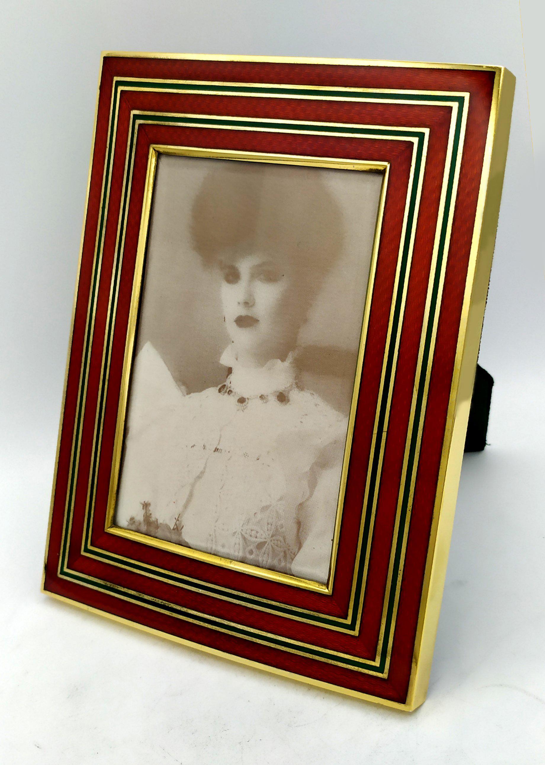 Italian Set Picture Frame+Table Box Enamel two-tone ruby red and emerald green Salimbeni For Sale