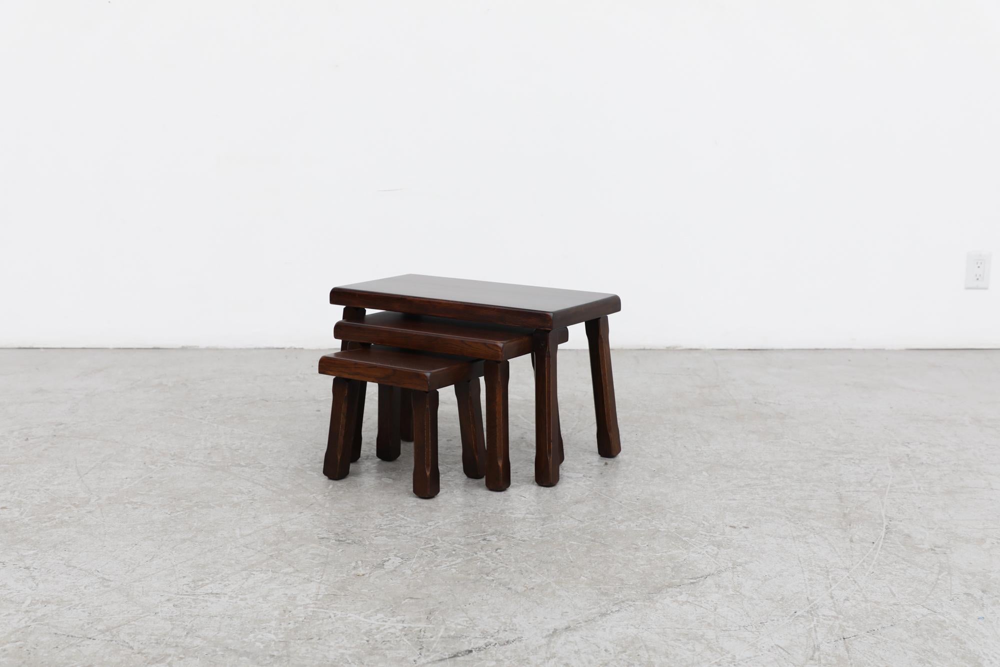 Mid-Century Modern Set Pierre Chapo Inspired Dark Oak Brutalist Nesting Tables