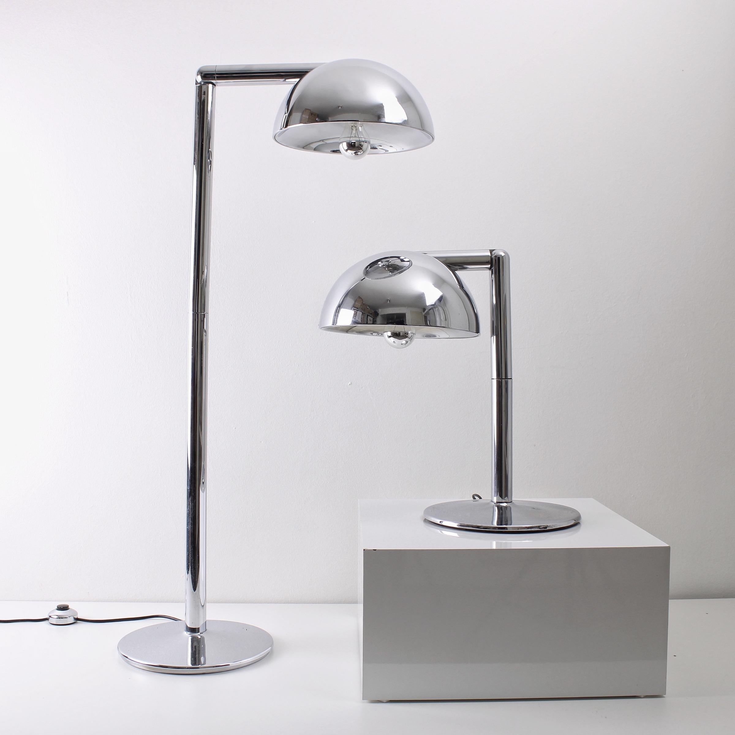 Rare set of model Playmaker table and floor lamp in chrome. Designed by Adalberto Dal Lago and Rocco Sereni for Bilumen in 1970, it was produced as a floor and table lamp in several colors: silver, white, and brown. A distinctive and very